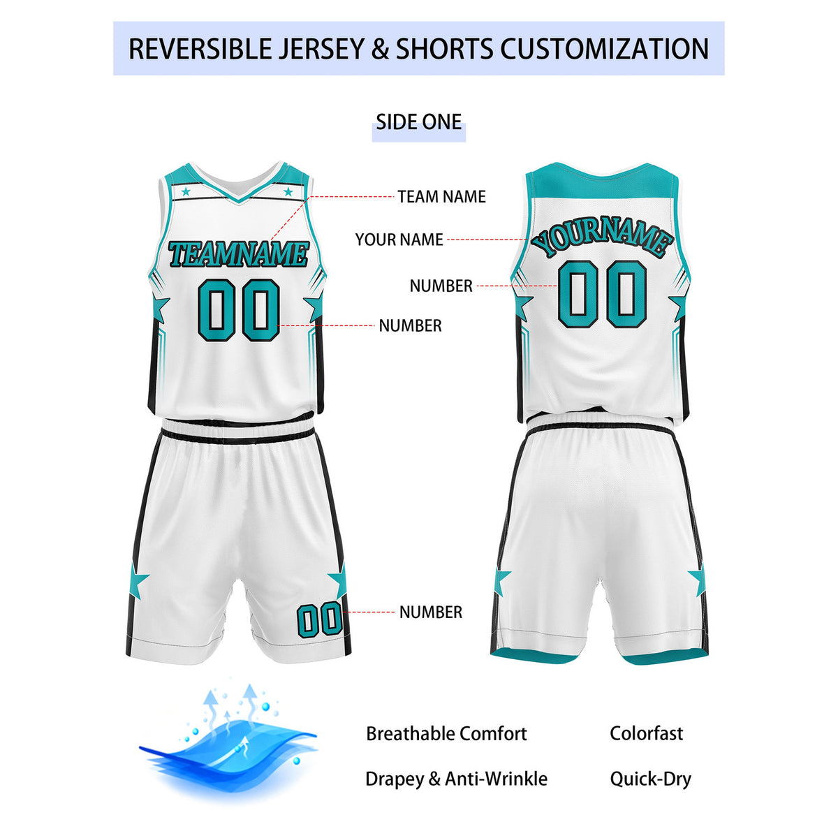Custom Reversible White Turquoise Star Basketball Uniform Set | Team Name & Number - Vosoli