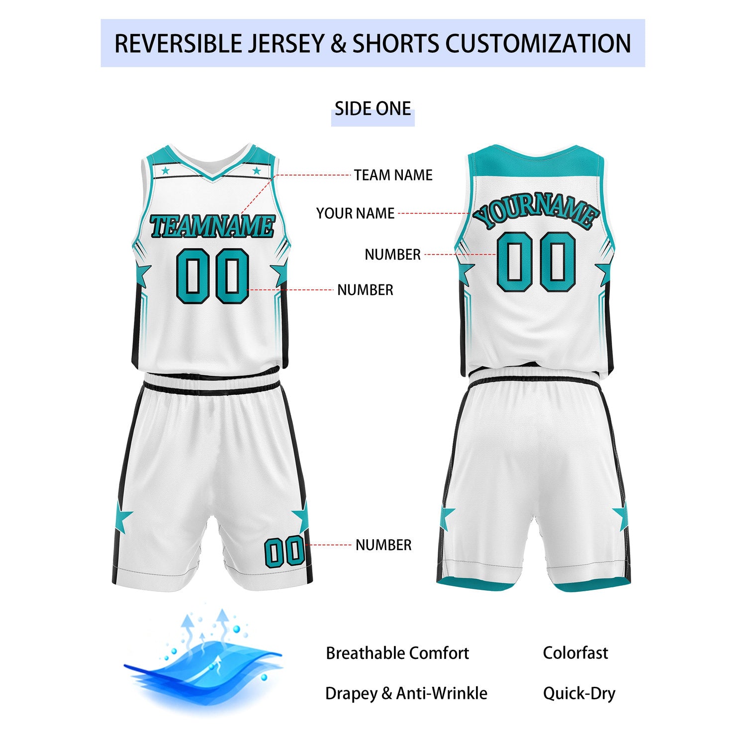 Custom reversible white & turquoise basketball uniform set, personalized with team name number and logo, breathable mesh fabric for men women youth game practice - Vosoli