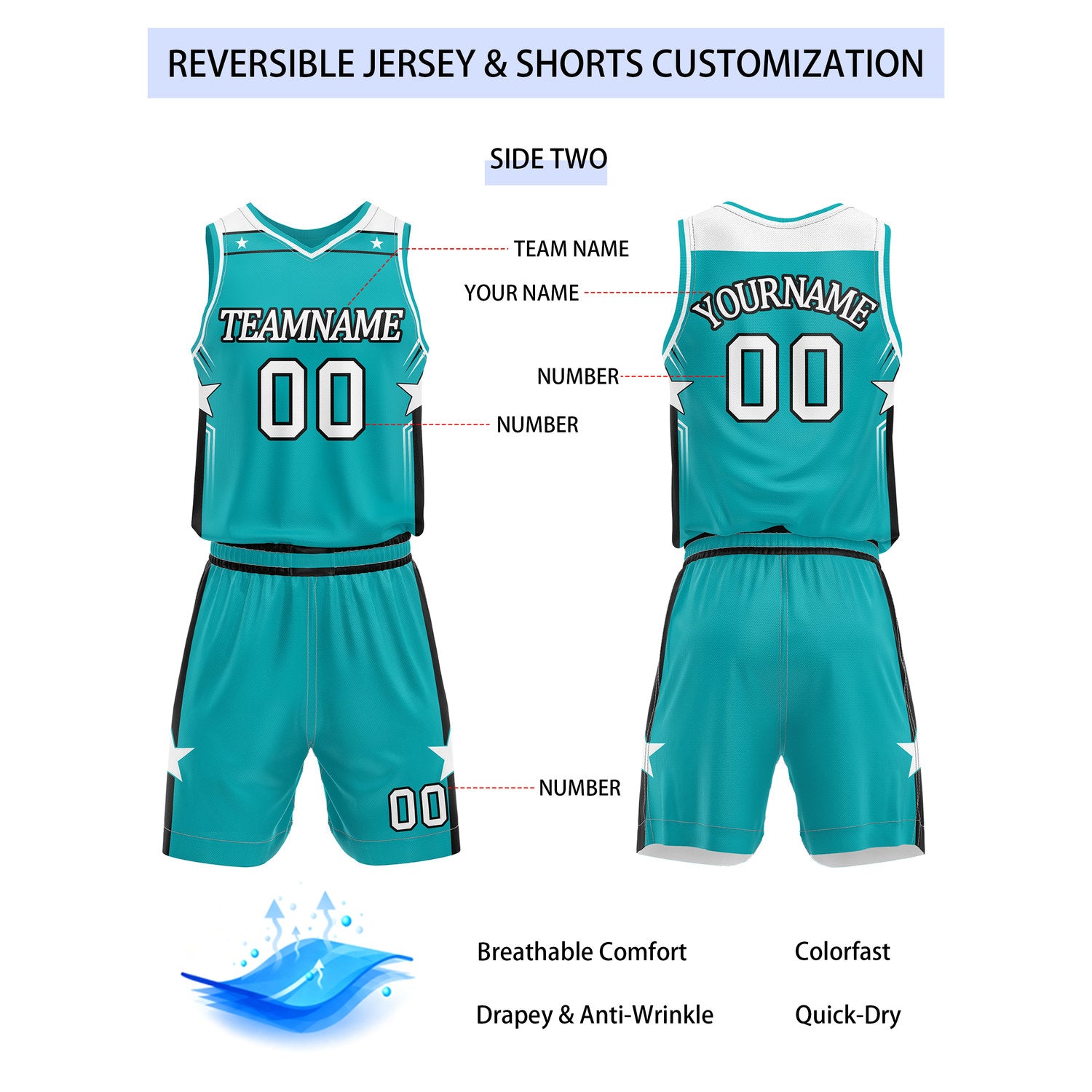 Custom Reversible White Turquoise Star Basketball Uniform Set | Team Name & Number - Vosoli