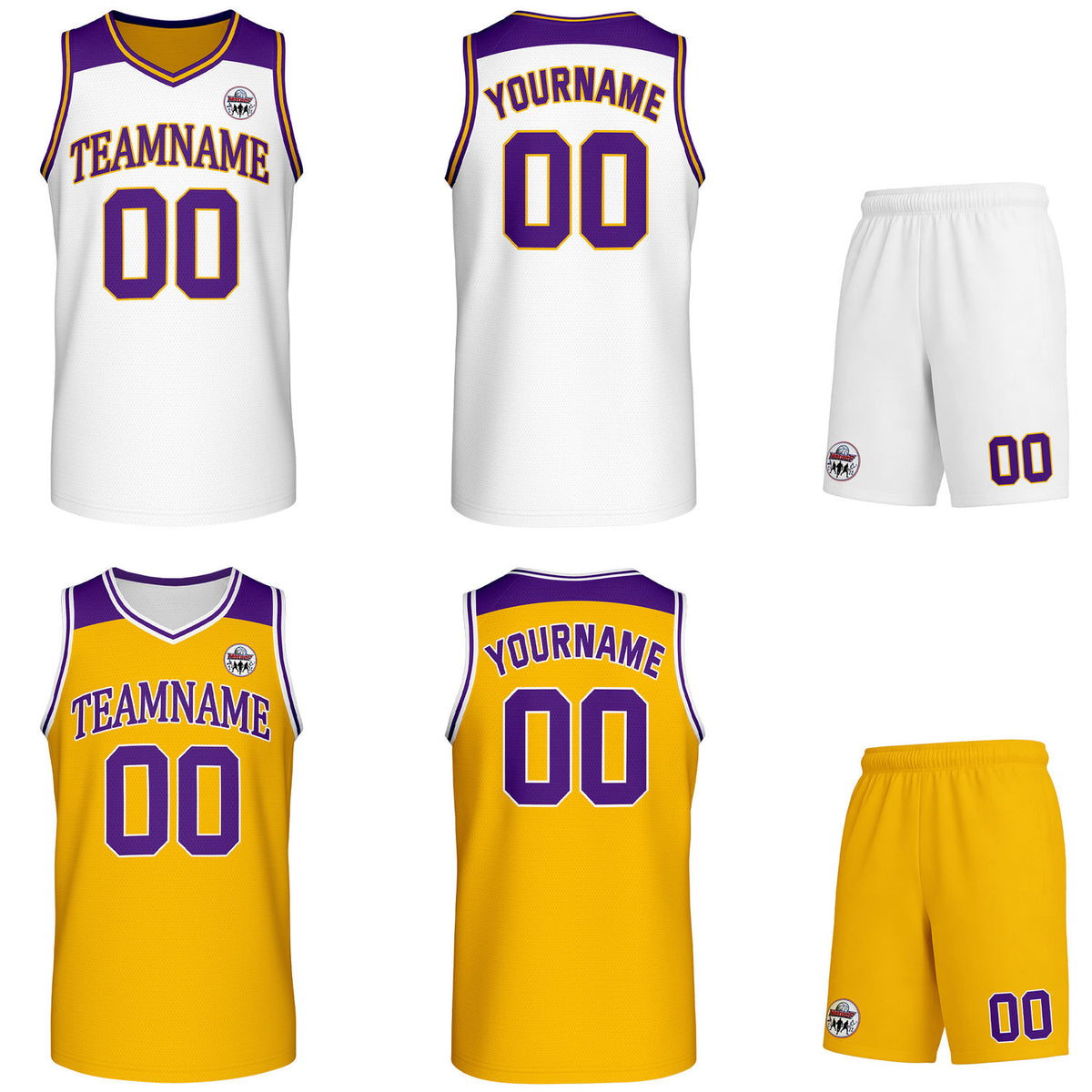 Custom reversible white &amp; yellow basketball uniform set, personalized with team name number and logo, breathable mesh fabric for men women youth game practice - Vosoli