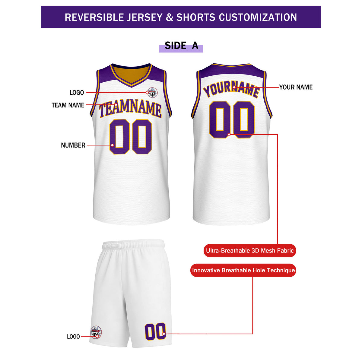 Custom Reversible White Yellow Purple Basketball Uniform Set | Team Name & Number - Vosoli