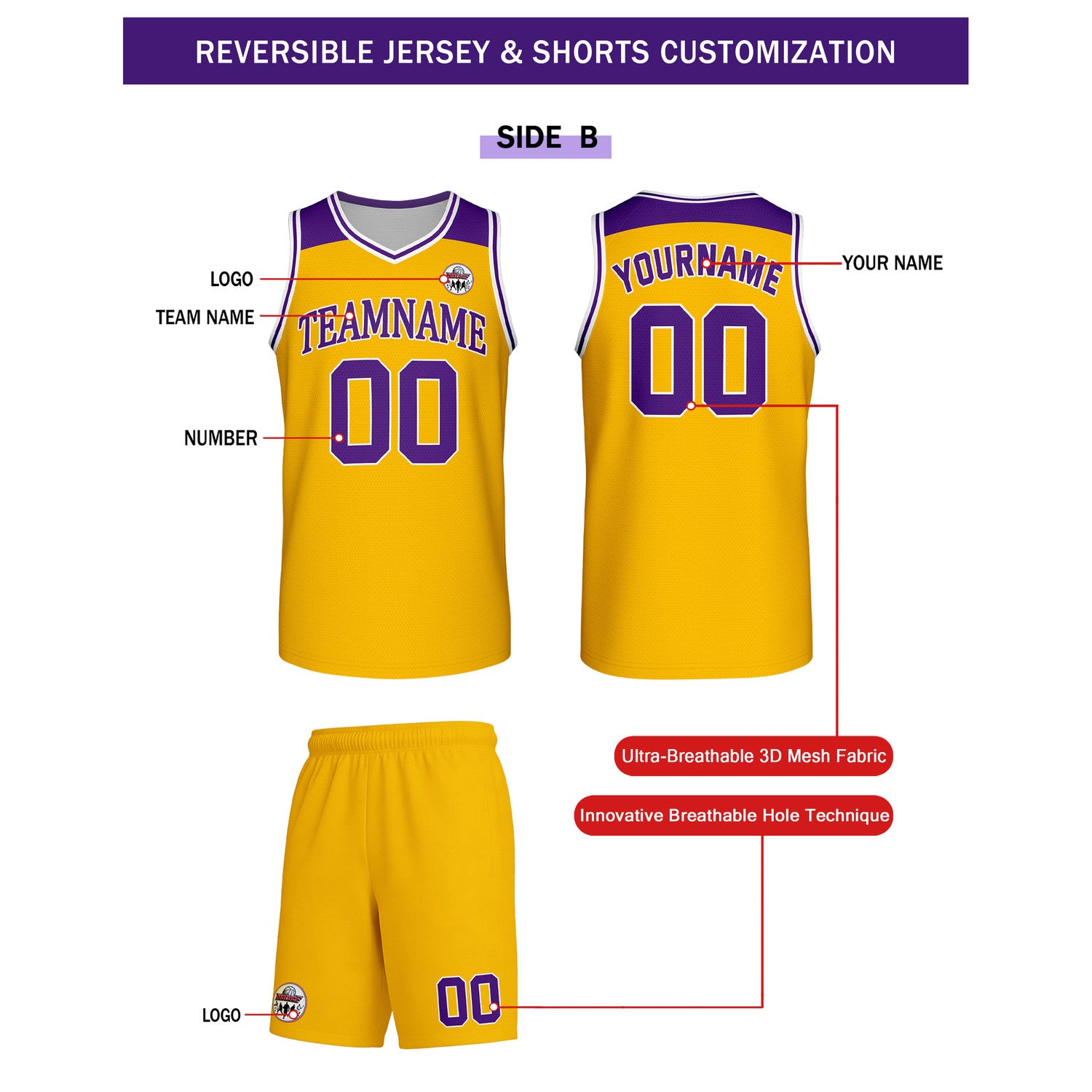 Custom Reversible White Yellow Purple Basketball Uniform Set | Team Name & Number - Vosoli