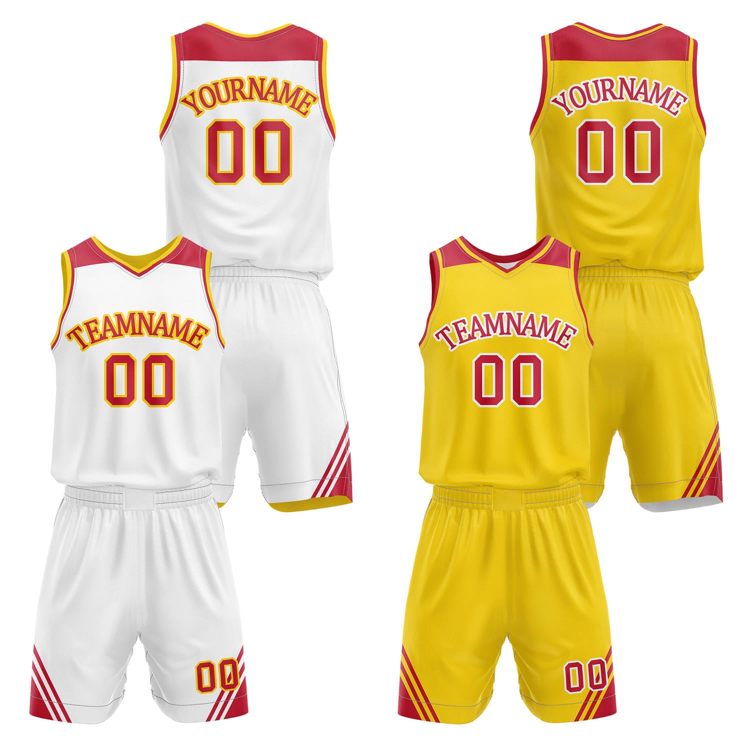 Custom reversible white & yellow basketball uniform set, personalized with team name number and logo, breathable mesh fabric for men women youth game practice - Vosoli