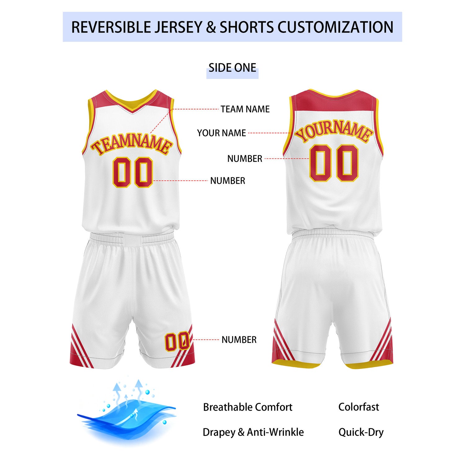 Custom Reversible White Yellow Red Basketball Uniform Set | Team Name & Number - Vosoli