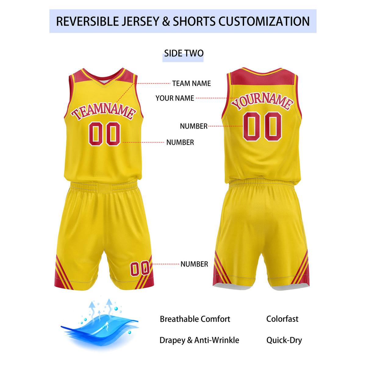 Custom Reversible White Yellow Red Basketball Uniform Set | Team Name & Number - Vosoli