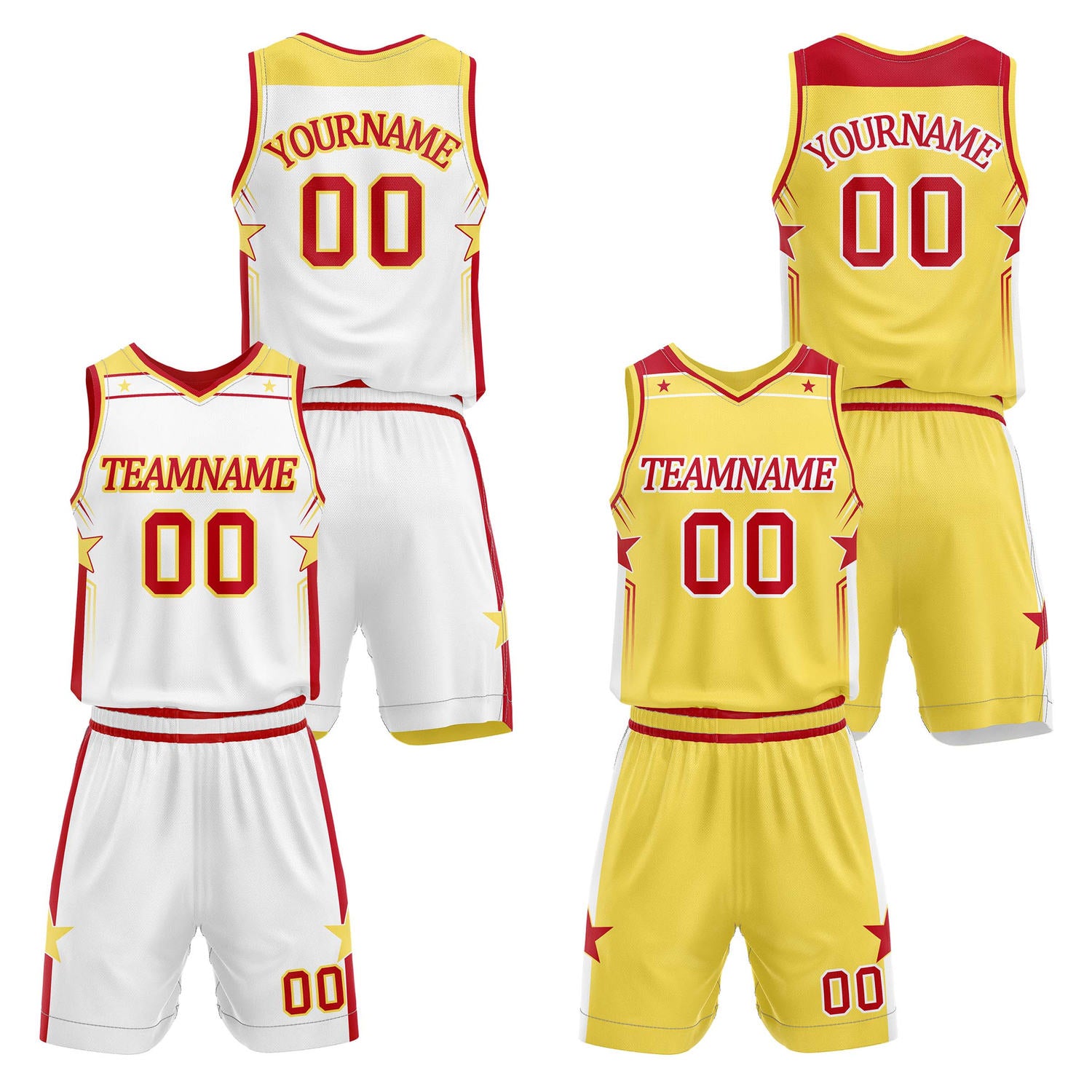 Custom reversible white & yellow basketball uniform set, personalized with team name number and logo, breathable mesh fabric for men women youth game practice - Vosoli