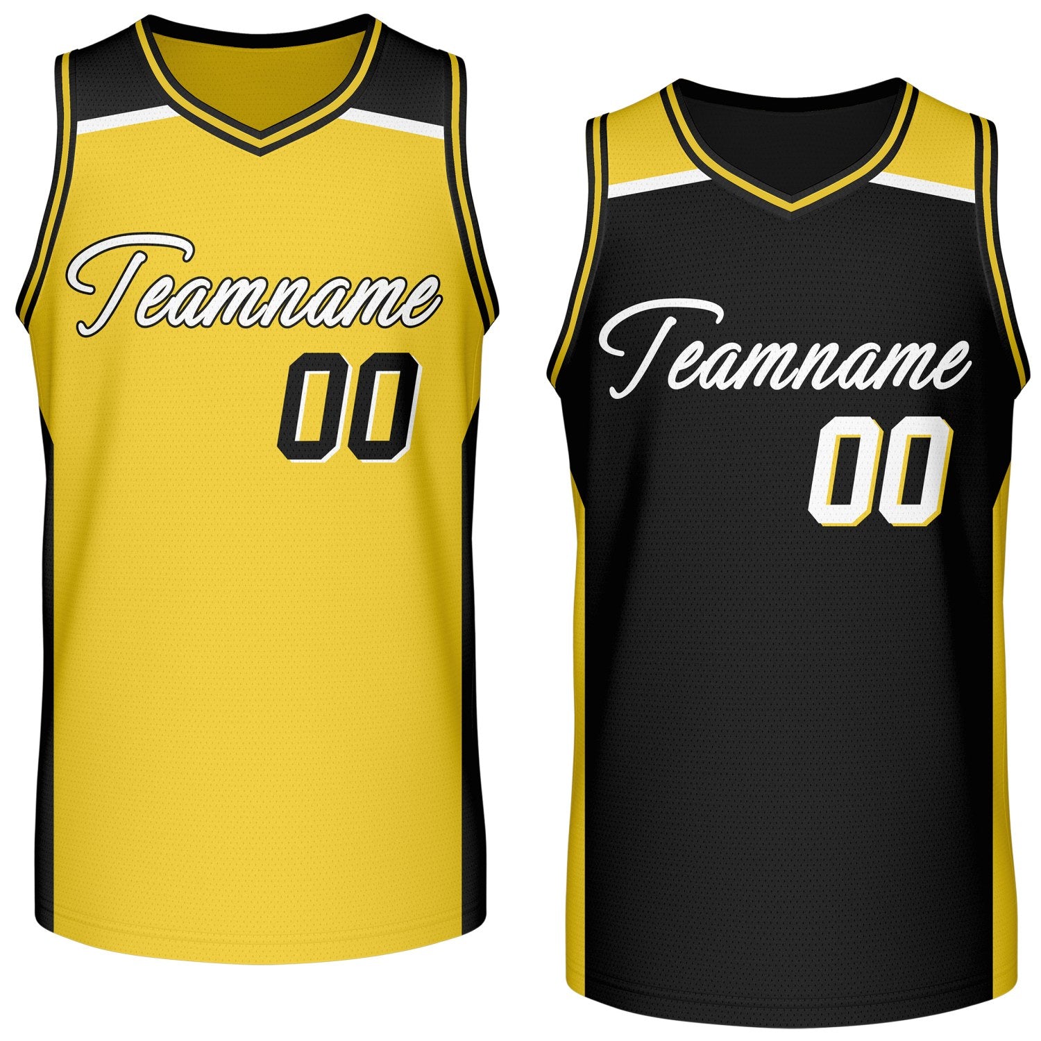 Custom reversible yellow black basketball jersey, personalized team name number logo breathable mesh sports top for men women youth game practice wear - Vosoli