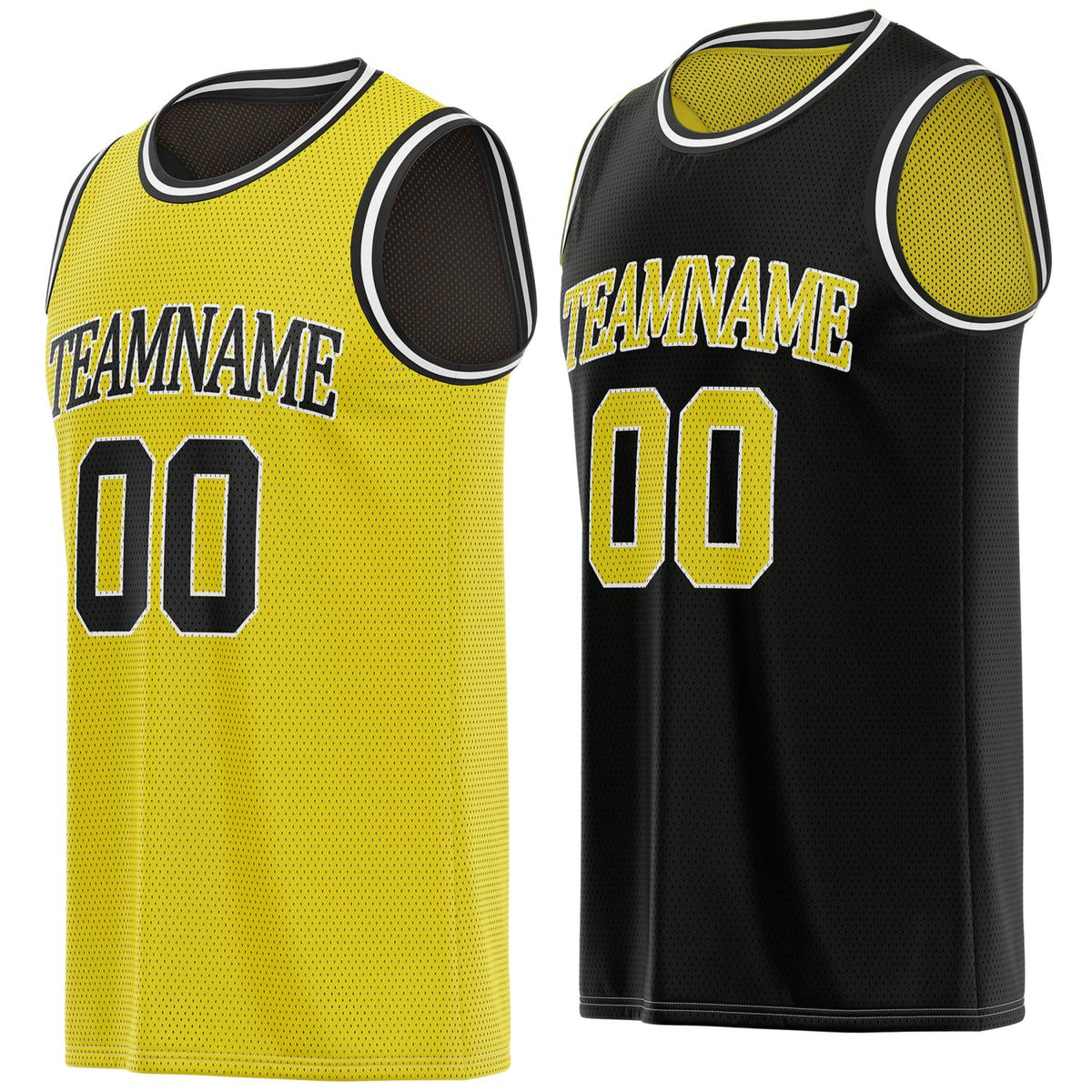 Custom reversible yellow &amp; black basketball jersey, personalized team name number logo breathable mesh sports top for men women youth game practice - Vosoli