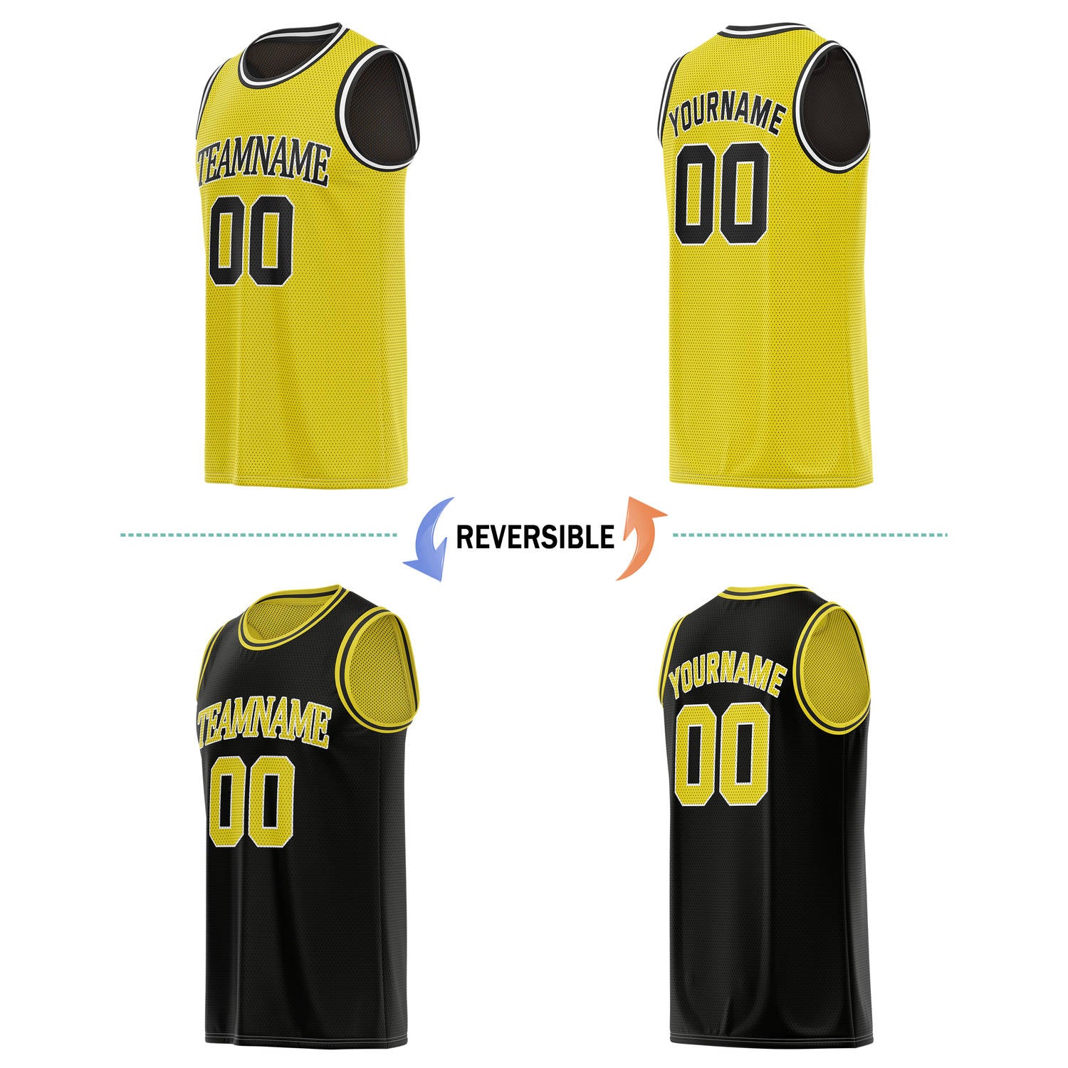 Custom reversible yellow & black basketball jersey, personalized team name number logo breathable mesh sports top for men women youth game practice - Vosoli