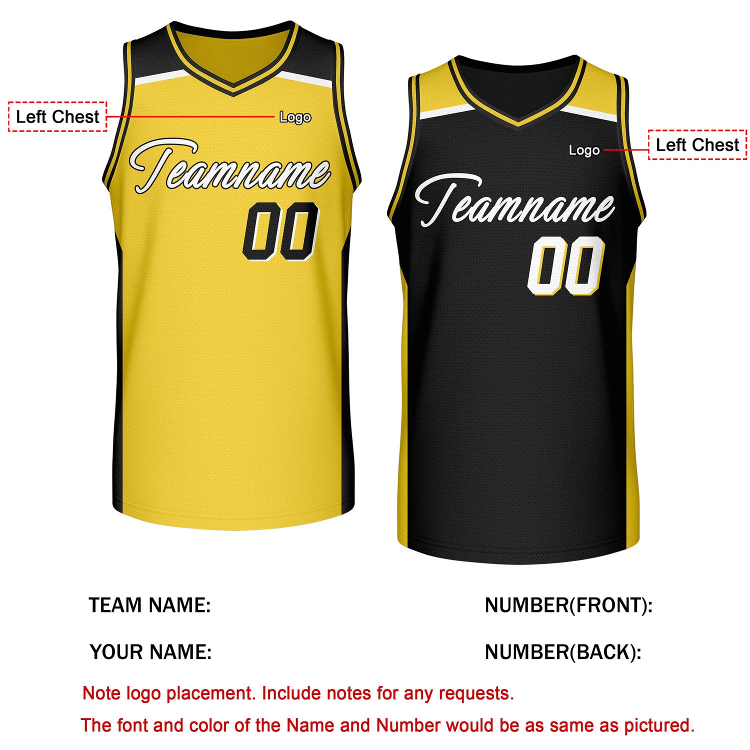 Custom reversible yellow black basketball jersey, personalized team name number logo breathable mesh sports top for men women youth game practice wear - Vosoli