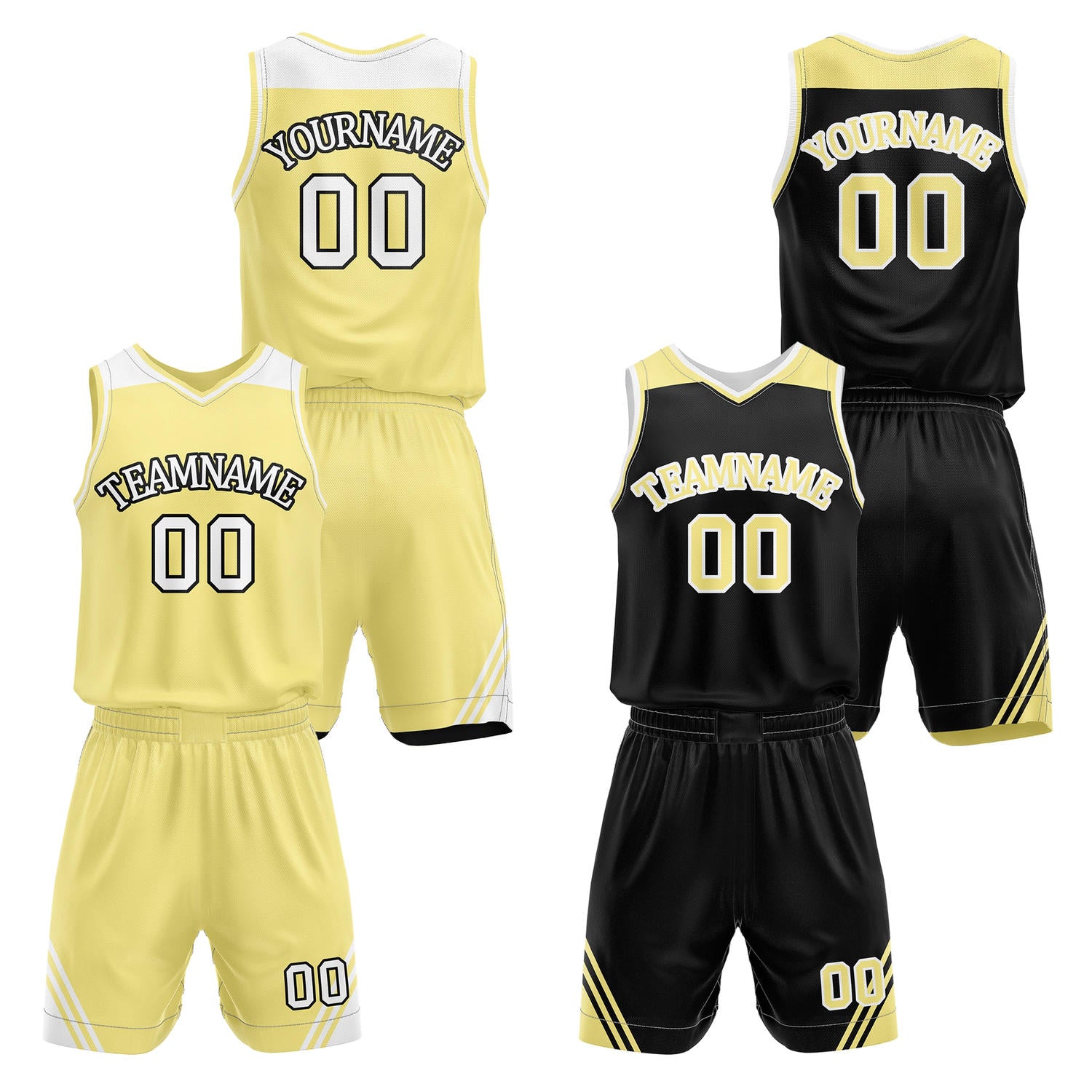 Custom reversible light yellow & black basketball uniform set, personalized with team name number and logo, breathable mesh fabric for men women youth game practice - Vosoli

