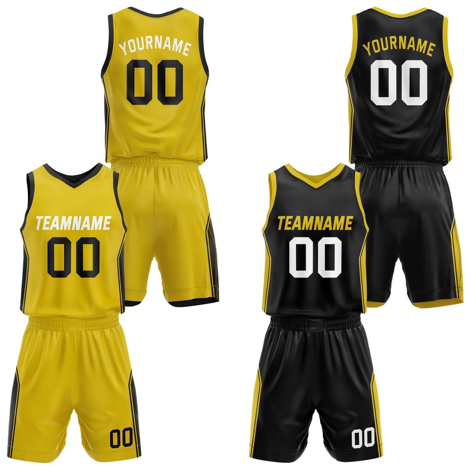 Custom Reversible Yellow Black Basketball Jersey and Shorts Set, Personalized Team Name Number Breathable Mesh Uniform for Men Women Youth