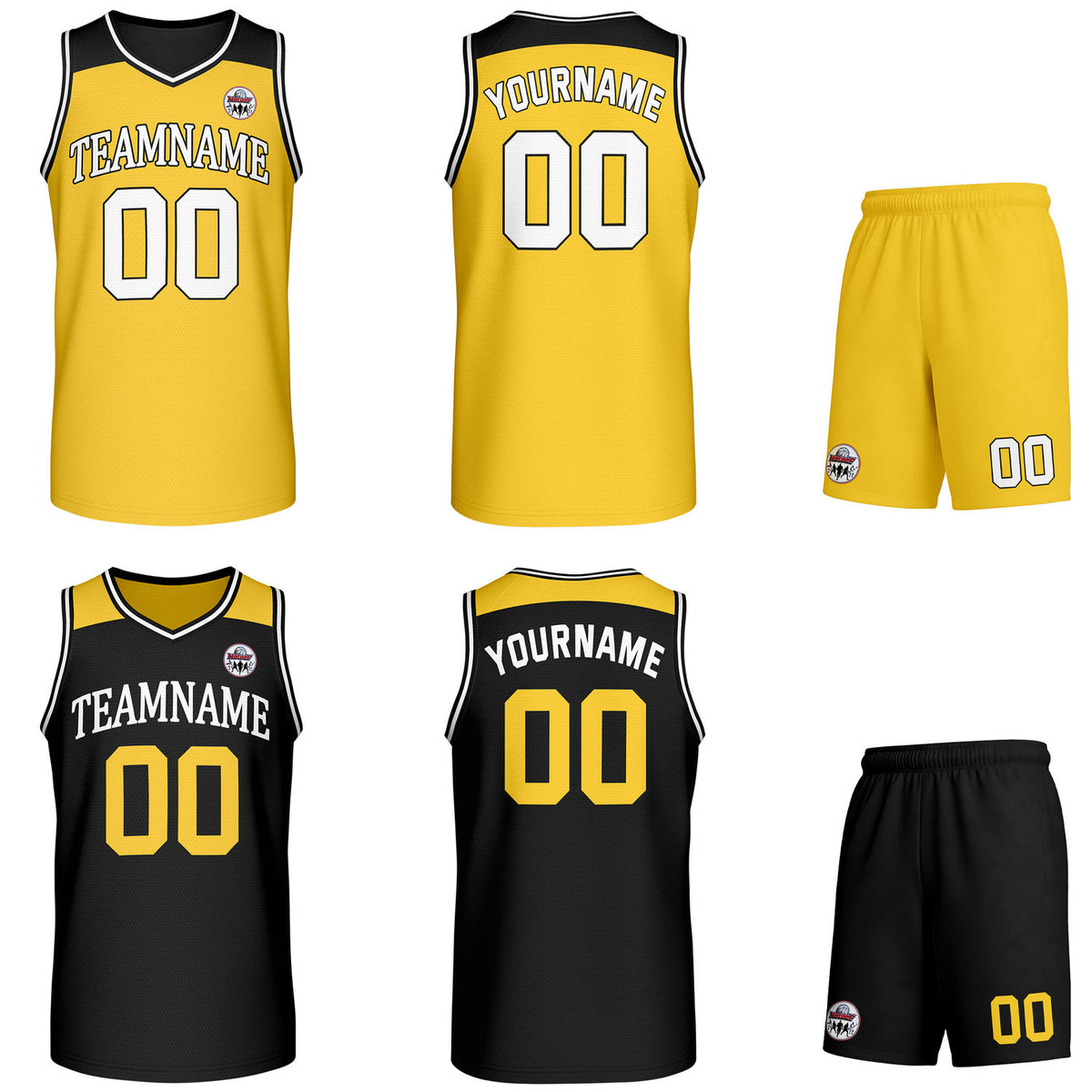 Custom reversible yellow &amp; black basketball uniform set, personalized with team name number and logo, breathable mesh fabric for men women youth game practice - Vosoli