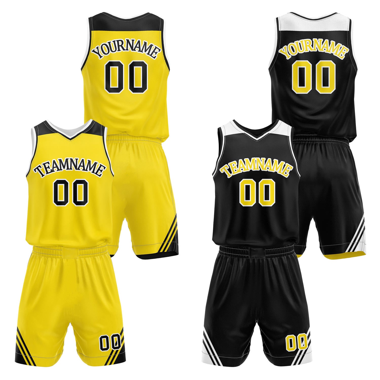 Custom reversible yellow & black basketball uniform set, personalized with team name number and logo, breathable mesh fabric for men women youth game practice - Vosoli