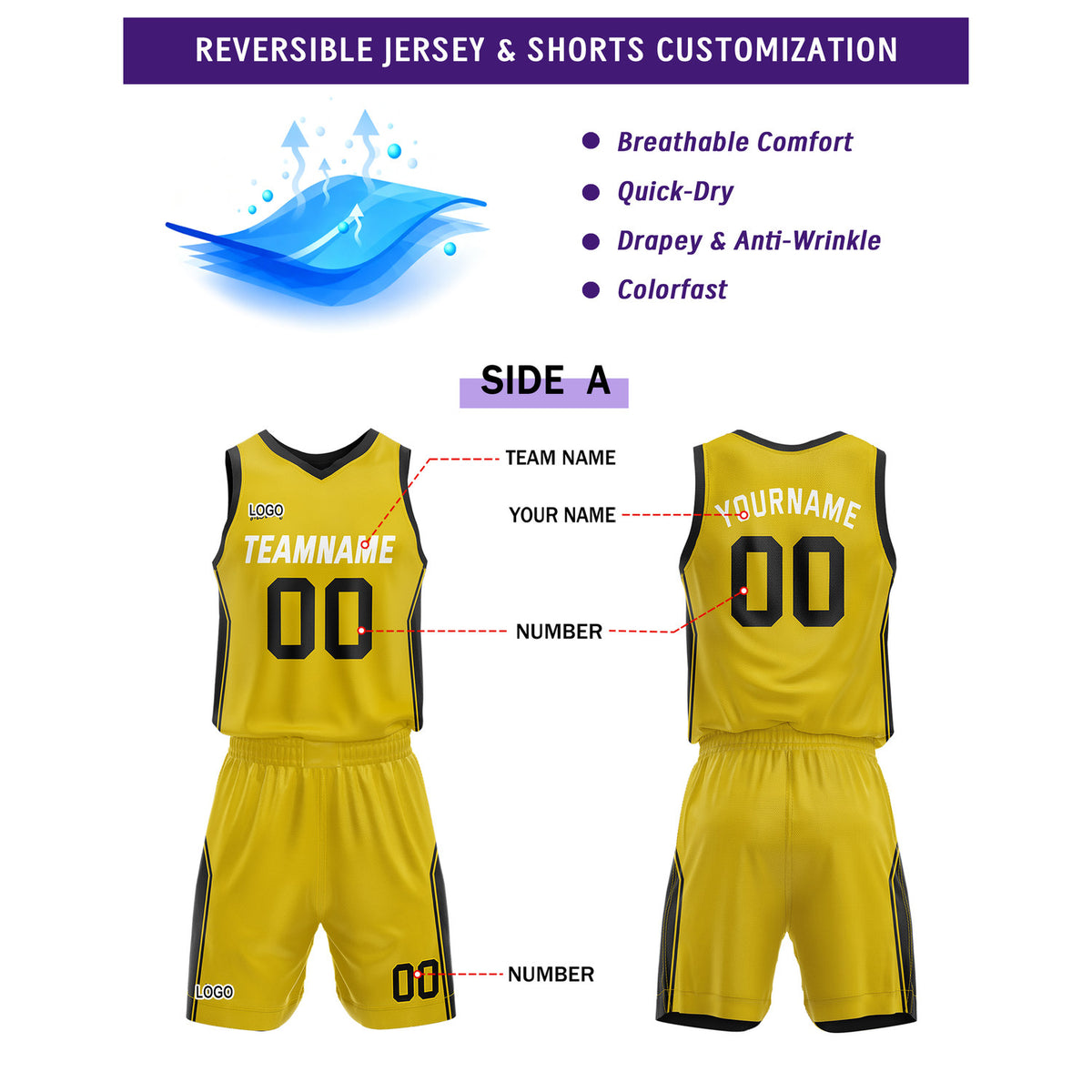 Custom Reversible Yellow Black Basketball Uniform Set | Personalized Name & Number - Vosoli