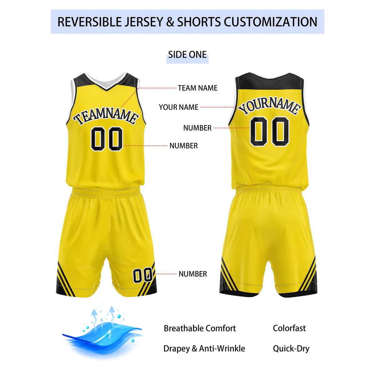 Custom Reversible Yellow Black Basketball Uniform Set | Team Name & Number - Vosoli