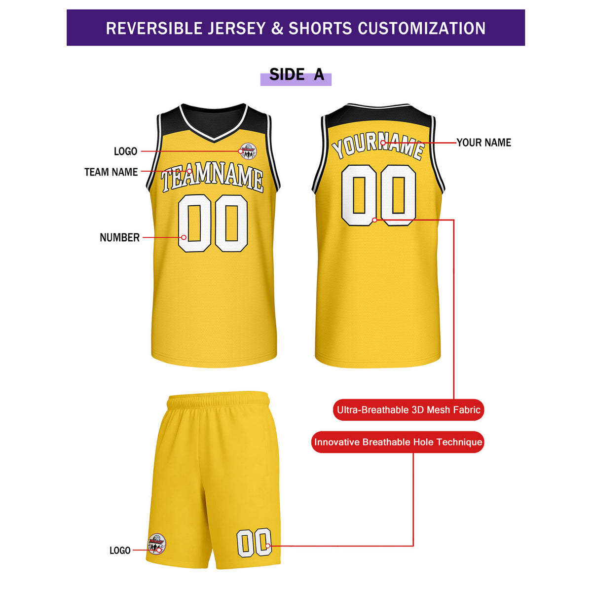 Custom Reversible Yellow Black Basketball Uniform Set | Team Name & Number - Vosoli