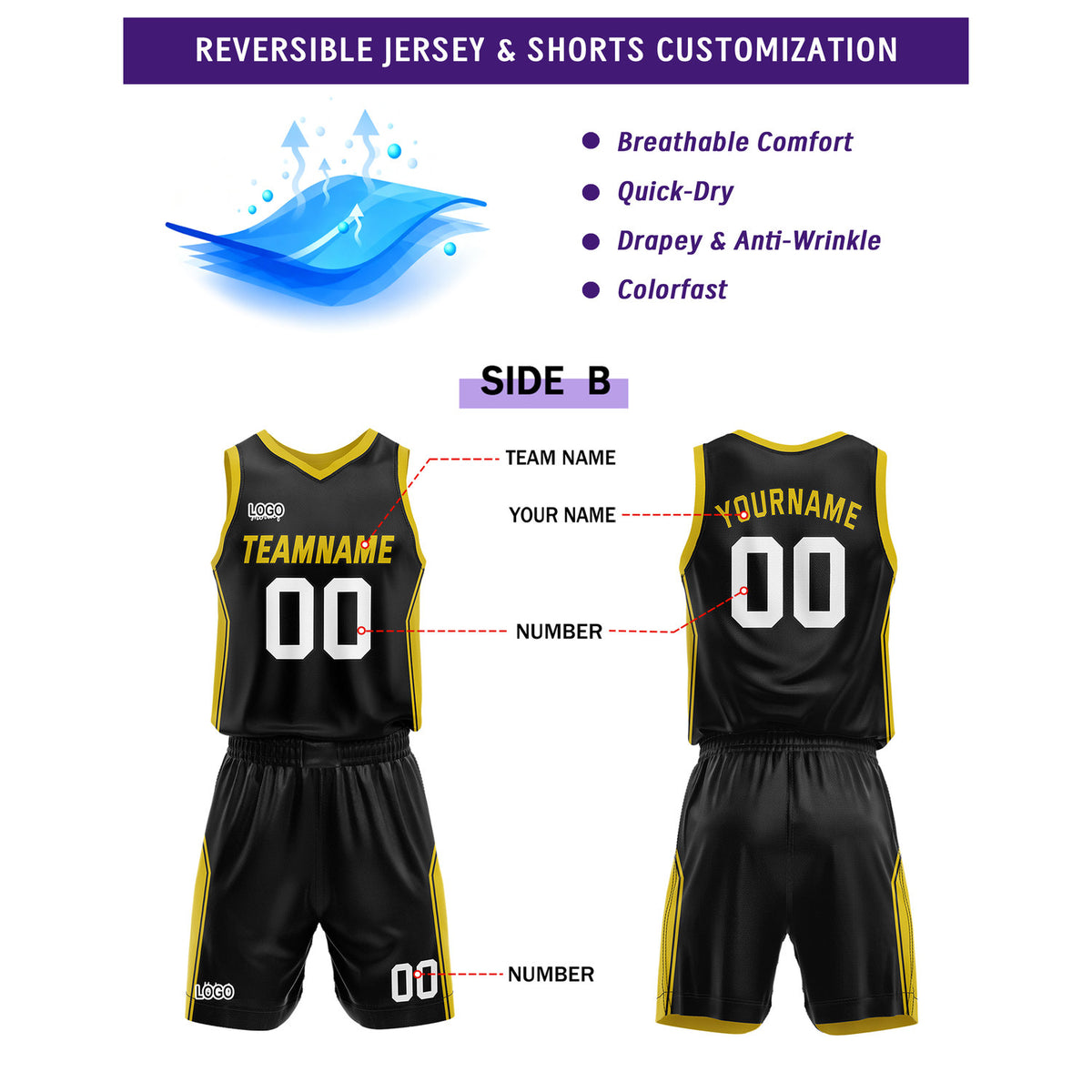 Custom Reversible Yellow Black Basketball Uniform Set | Personalized Name & Number - Vosoli