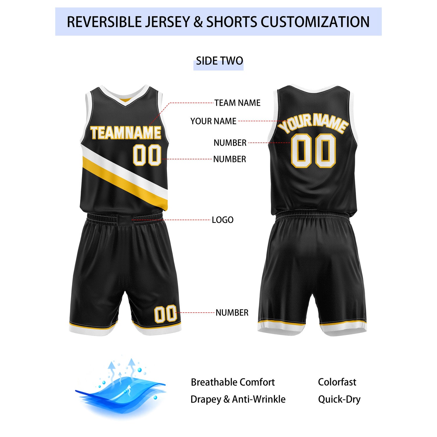 Custom Reversible Yellow Black Basketball Uniform Set | Team & Player Name - Vosoli