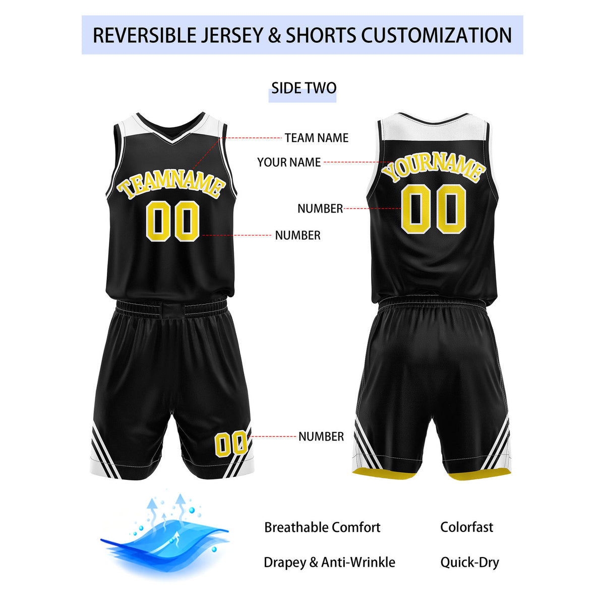Custom Reversible Yellow Black Basketball Uniform Set | Team Name & Number - Vosoli
