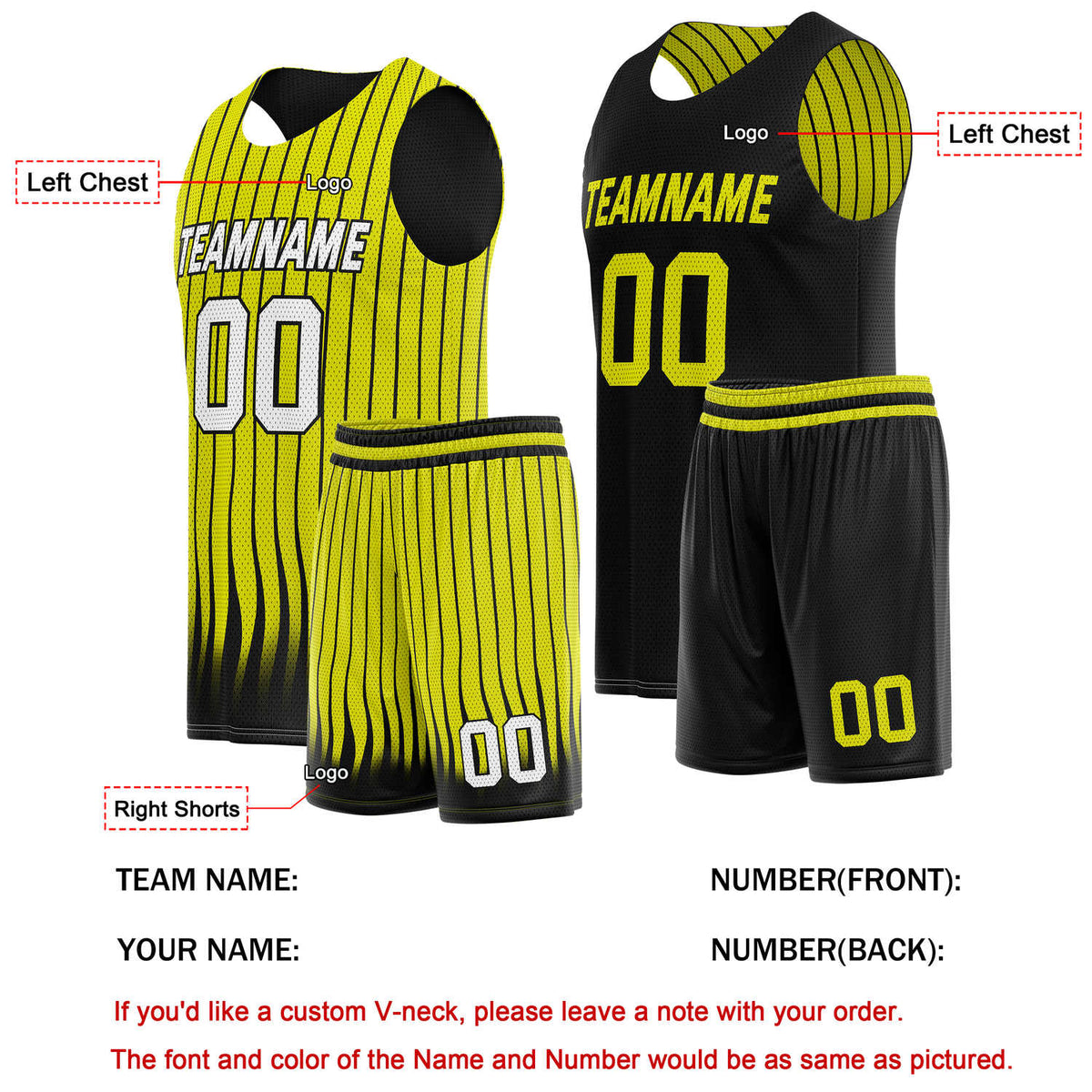 Custom Reversible Basketball Jersey + Shorts Set (Yellow & Black Stripe) - Personalized Team Name, Number & LOGO | Vosoli