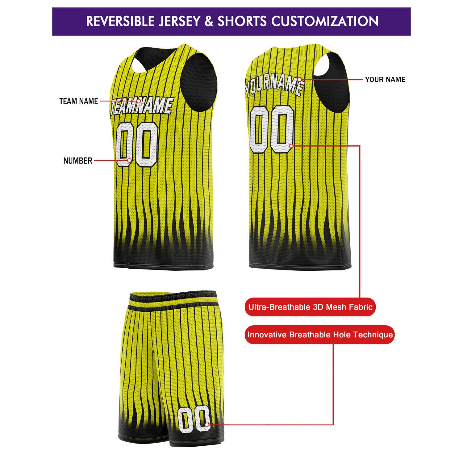 Custom Reversible Basketball Jersey + Shorts Set (Yellow & Black Stripe) - Personalized Team Name, Number & LOGO | Vosoli