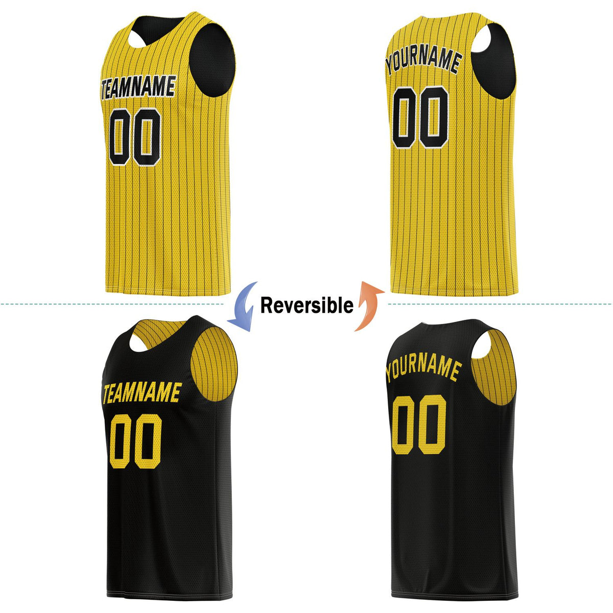 Custom Reversible Yellow Black Striped Basketball Jersey | Personalized Team Name, Number & LOGO | Vosoli