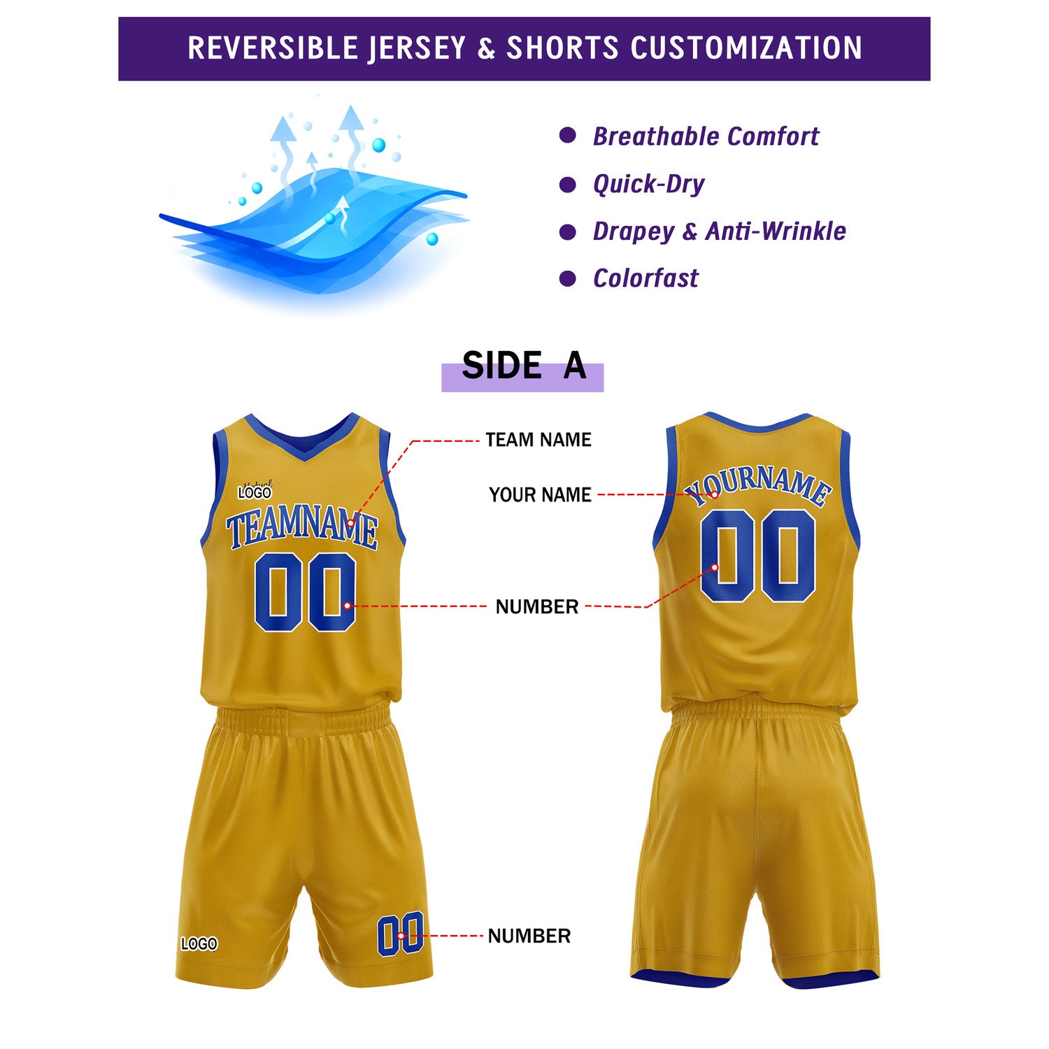 Custom Reversible Yellow Blue Basketball Uniform Set | Team Name & Number - Vosoli