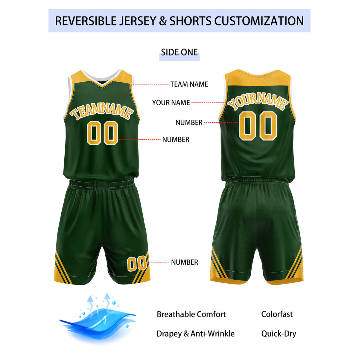 Custom Reversible Forest Green Gold Basketball Uniform Set | Team Name & Number - Vosoli