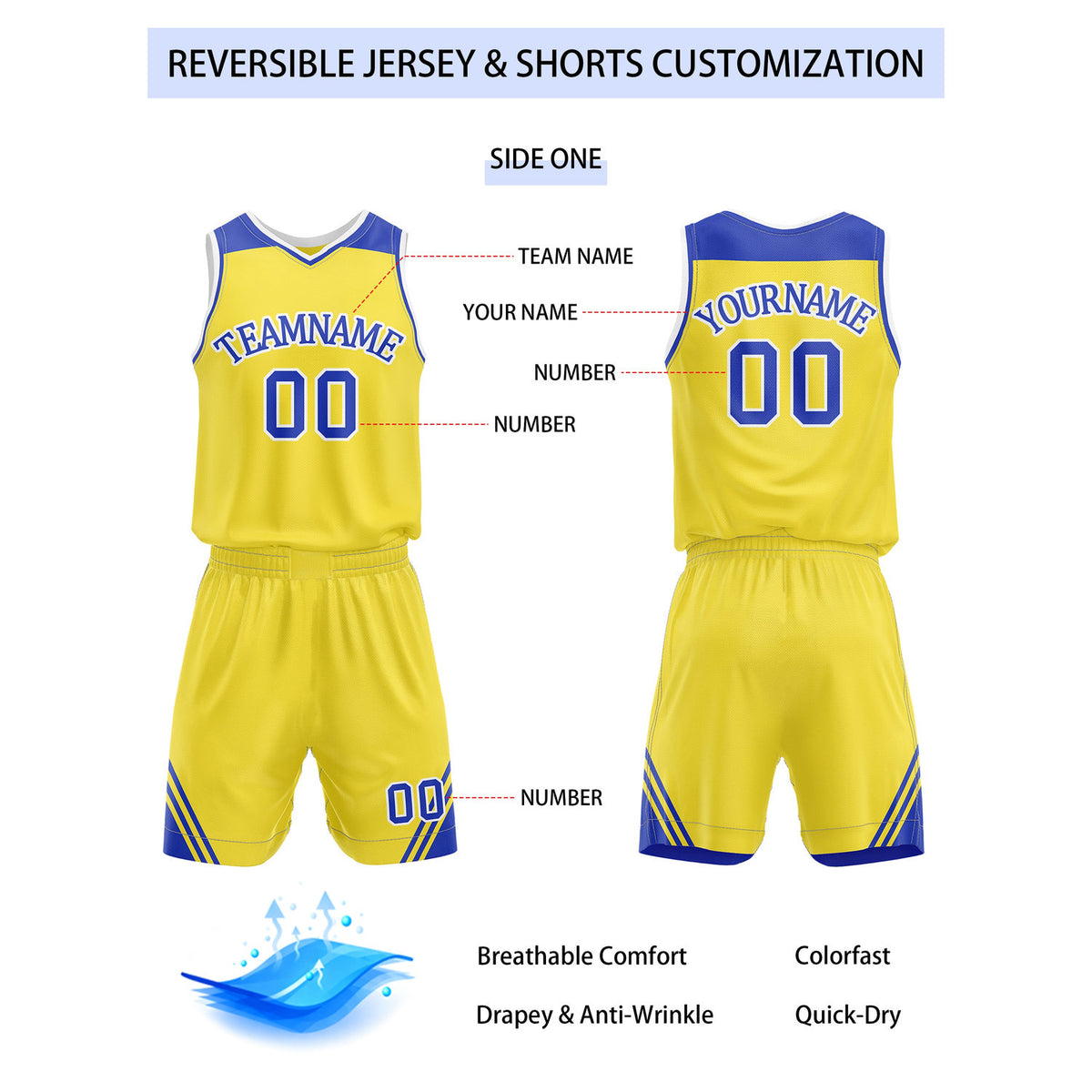 Custom Reversible Yellow Blue Basketball Uniform Set | Team Name & Number - Vosoli