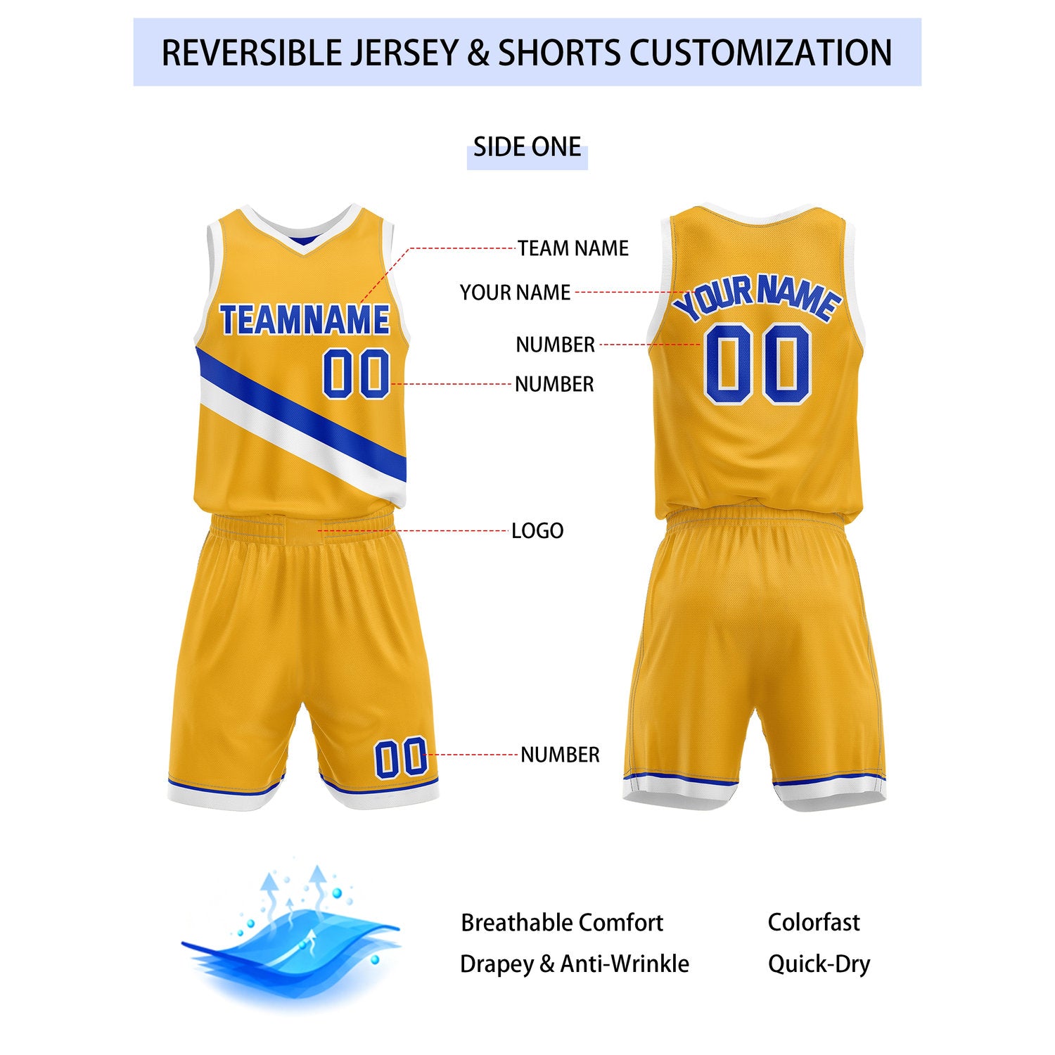 Custom Reversible Yellow Blue Basketball Uniform Set | Team & Player Name - Vosoli