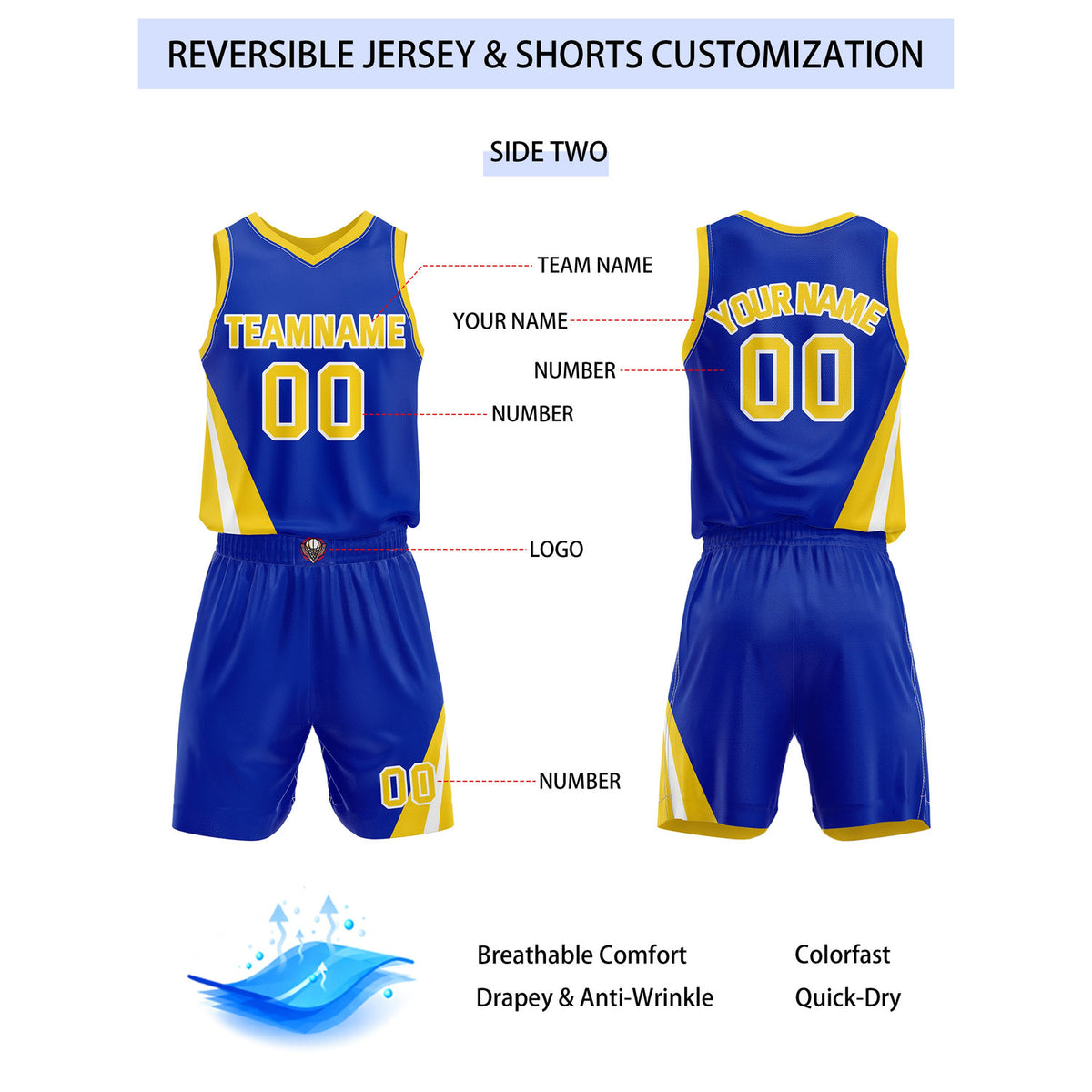 Custom Reversible Yellow Blue Basketball Uniform Set | Team & Player Name - Vosoli