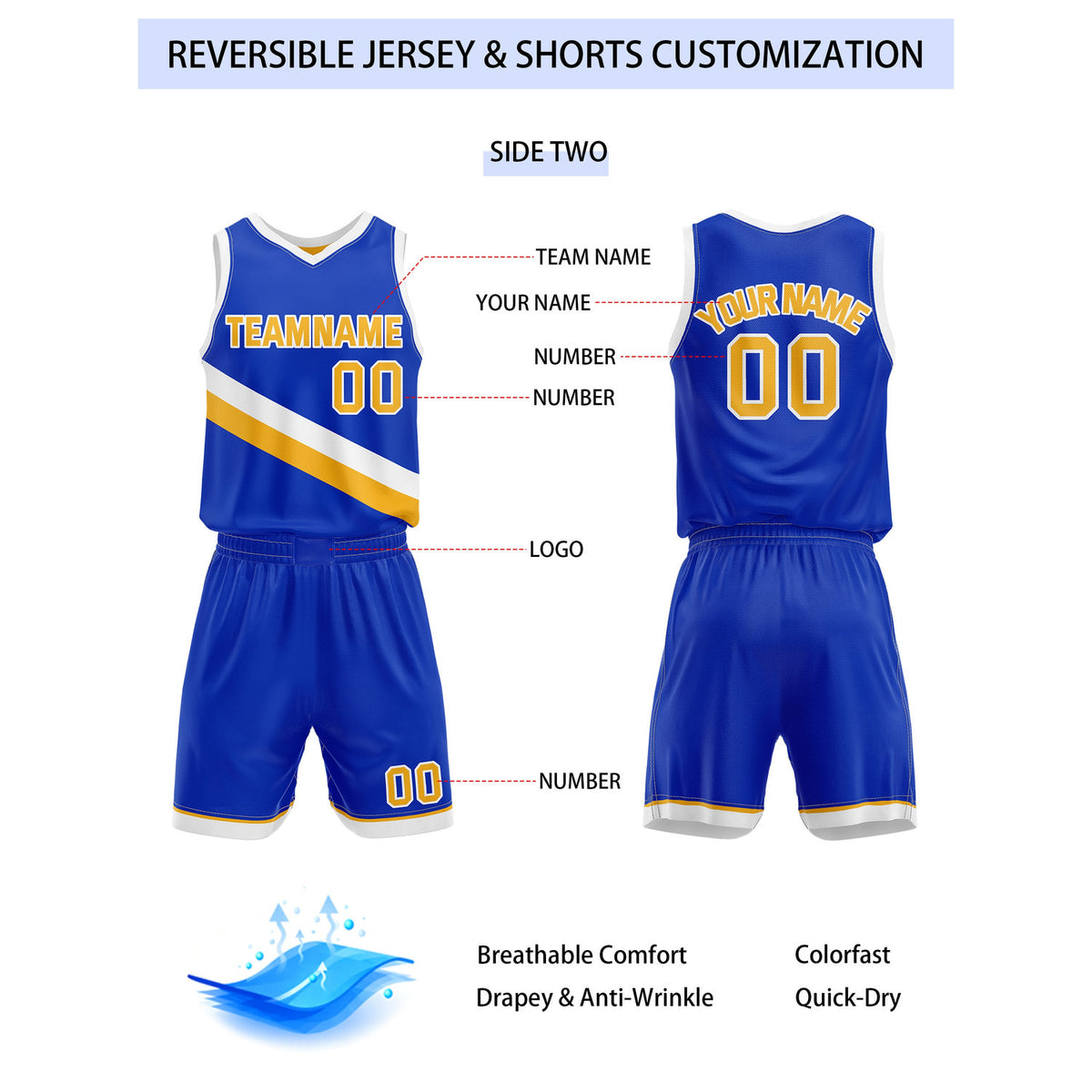Custom Reversible Yellow Blue Basketball Uniform Set | Team & Player Name - Vosoli