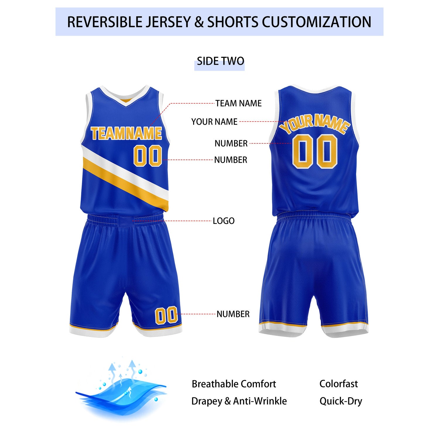 Custom Reversible Yellow Blue Basketball Uniform Set | Team & Player Name - Vosoli