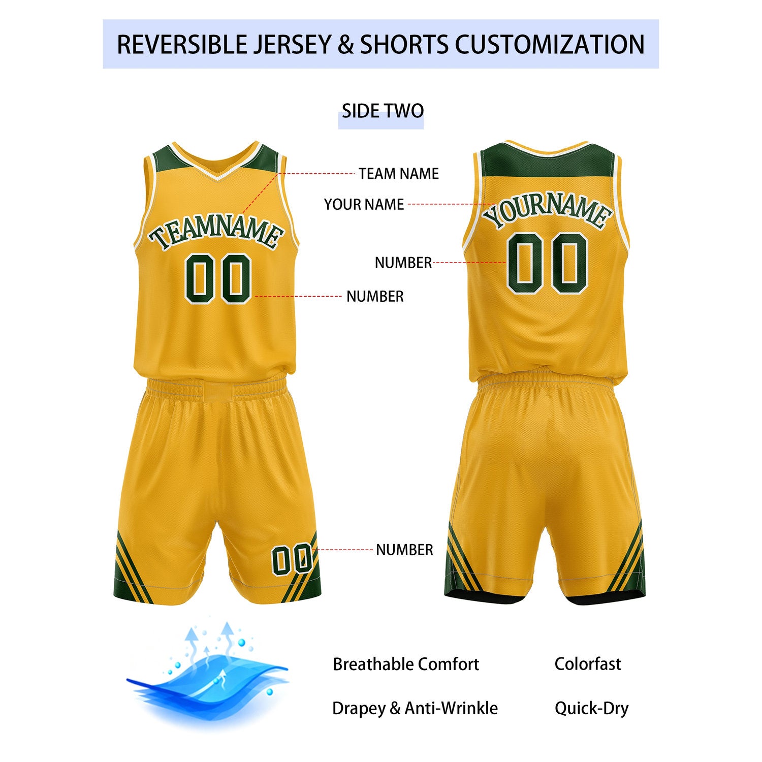 Custom Reversible Forest Green Gold Basketball Uniform Set | Team Name & Number - Vosoli