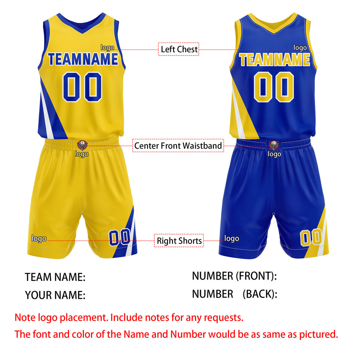 Custom Reversible Yellow Blue Basketball Uniform Set | Team & Player Name - Vosoli