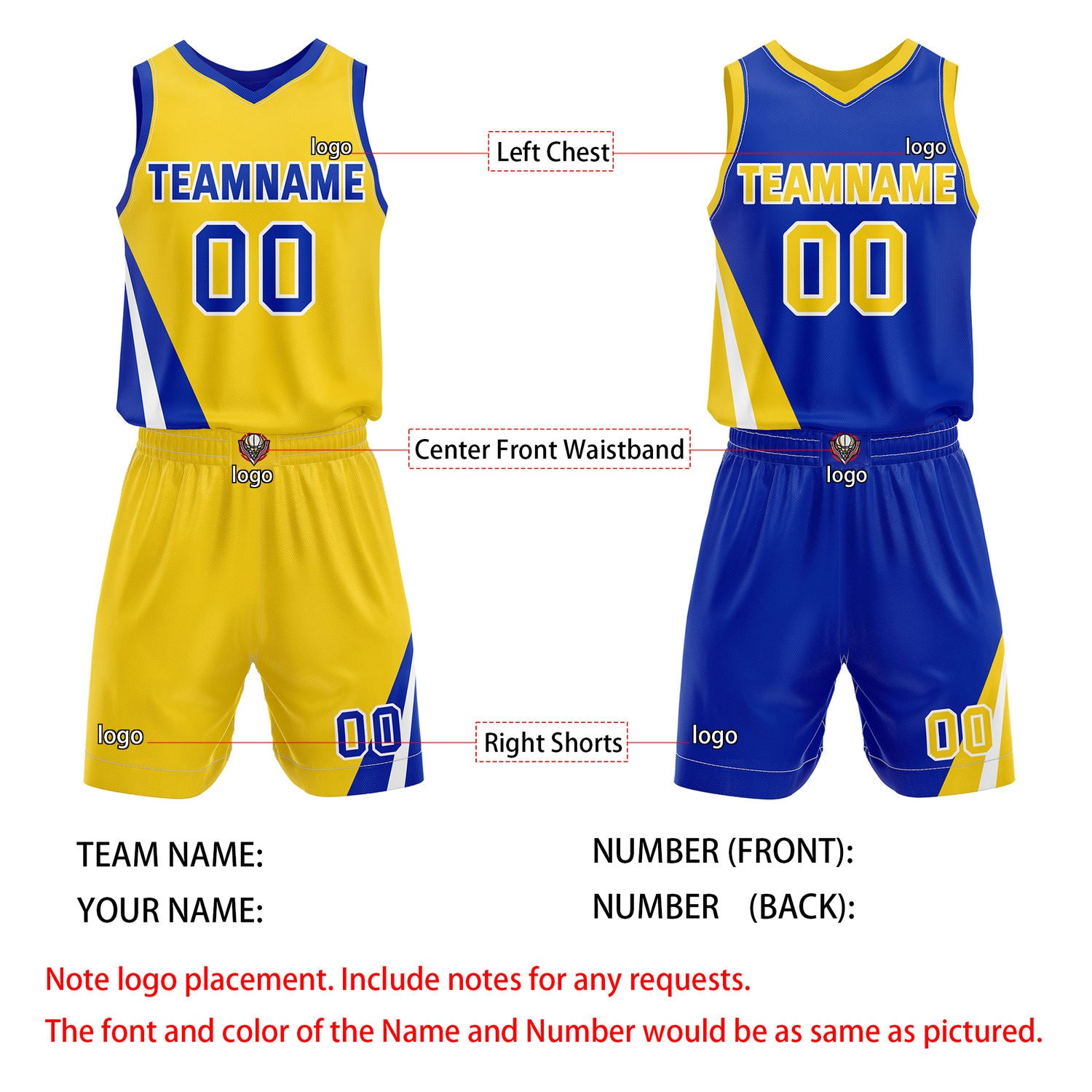 Custom Reversible Yellow Blue Basketball Uniform Set | Team & Player Name - Vosoli