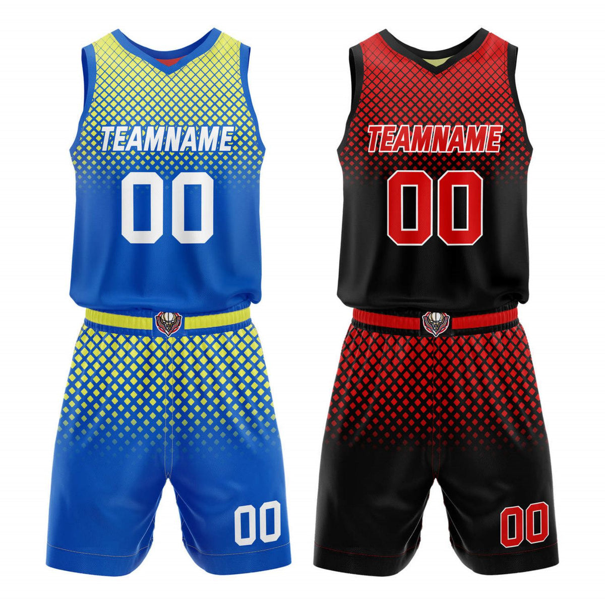 Custom Reversible Basketball Jersey + Shorts Set (Yellow-Blue &amp; Red-Black Gradient Diamond) - Personalized Team Name, Number &amp; LOGO | Vosoli