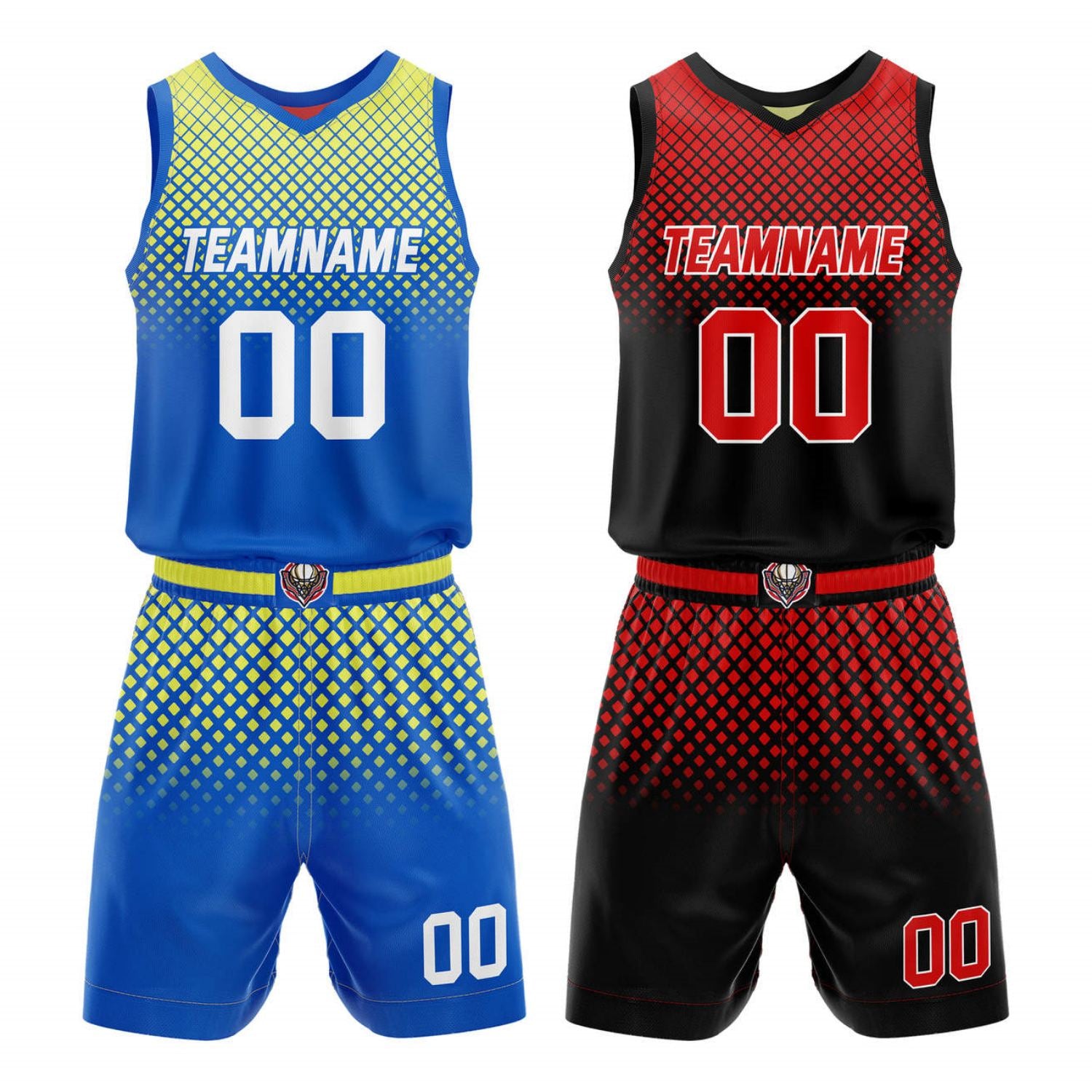 Custom Reversible Basketball Jersey + Shorts Set (Yellow-Blue & Red-Black Gradient Diamond) - Personalized Team Name, Number & LOGO | Vosoli