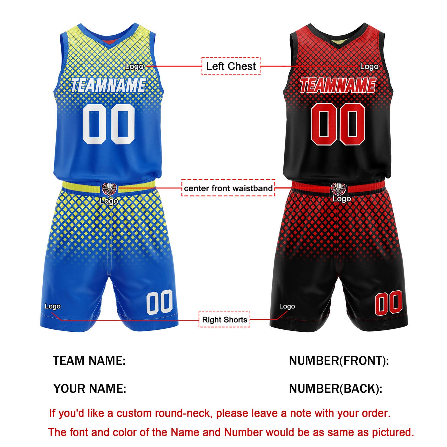 Custom Reversible Basketball Jersey + Shorts Set (Yellow-Blue & Red-Black Gradient Diamond) - Personalized Team Name, Number & LOGO | Vosoli