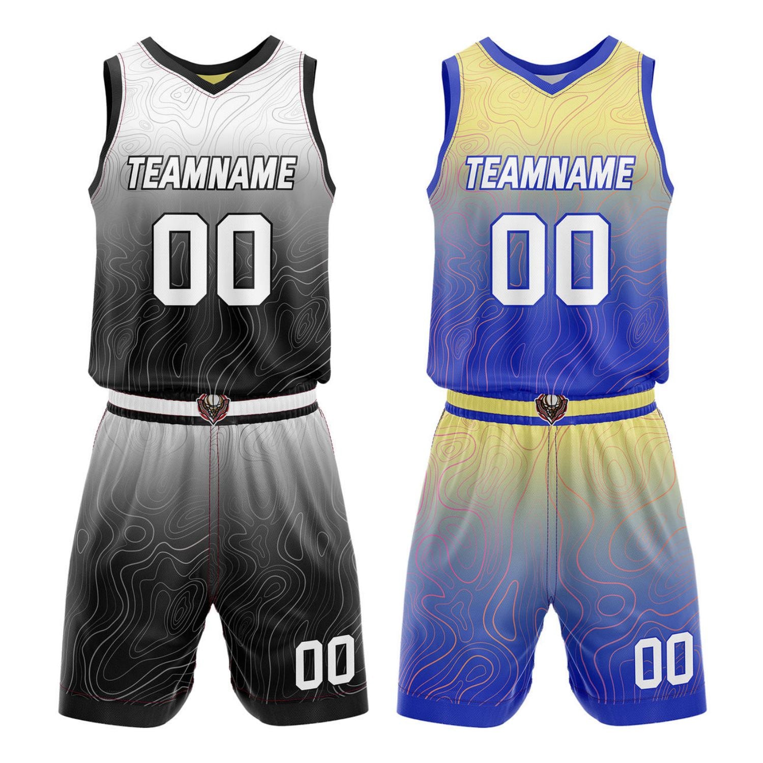 Custom Reversible Basketball Jersey + Shorts Set (Black-White & Yellow-Blue Gradient Wave) - Personalized Team Name, Number & LOGO | Vosoli