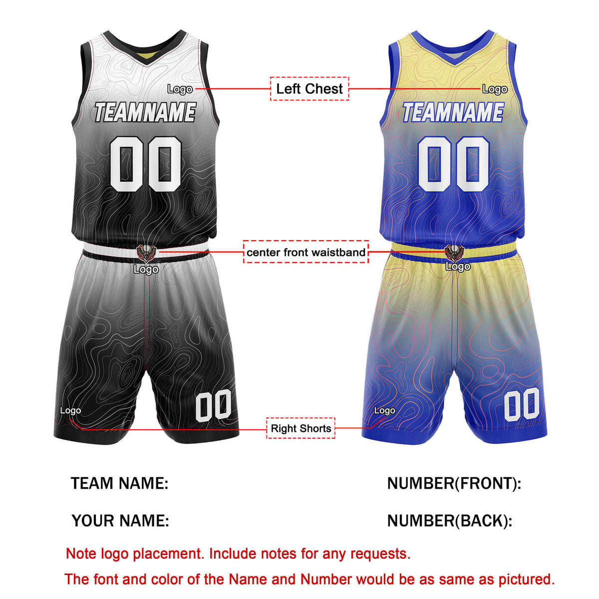 Custom Reversible Basketball Jersey + Shorts Set (Black-White & Yellow-Blue Gradient Wave) - Personalized Team Name, Number & LOGO | Vosoli