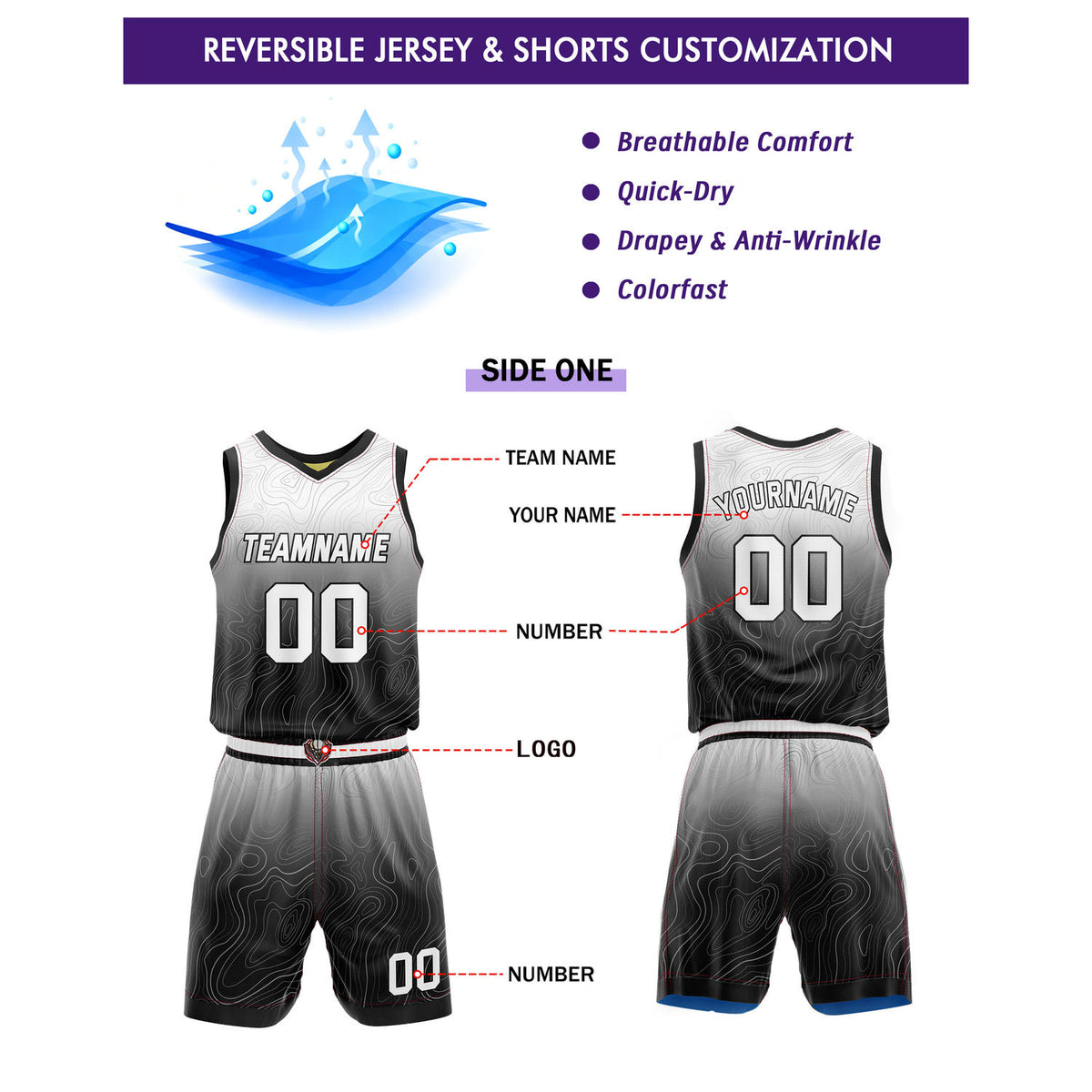 Custom Reversible Basketball Jersey + Shorts Set (Black-White & Yellow-Blue Gradient Wave) - Personalized Team Name, Number & LOGO | Vosoli