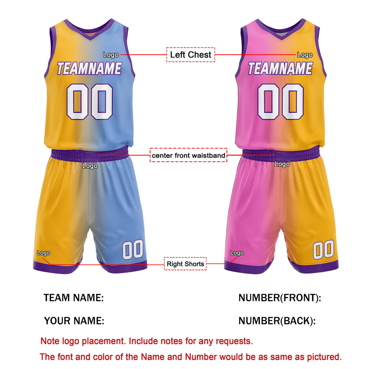 Custom Reversible Yellow Blue Pink Basketball Uniform Set | Team & Player Name - Vosoli
