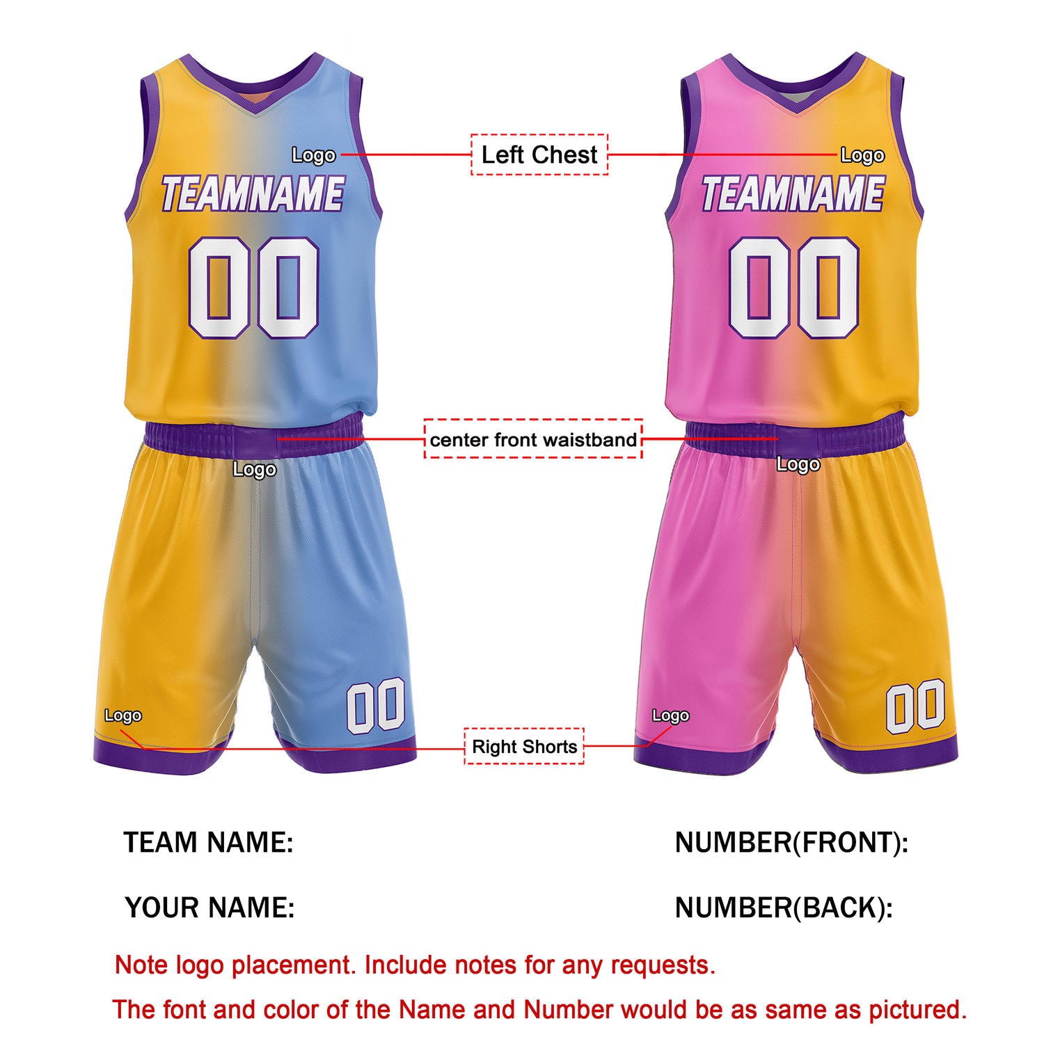Custom Reversible Yellow Blue Pink Basketball Uniform Set | Team & Player Name - Vosoli