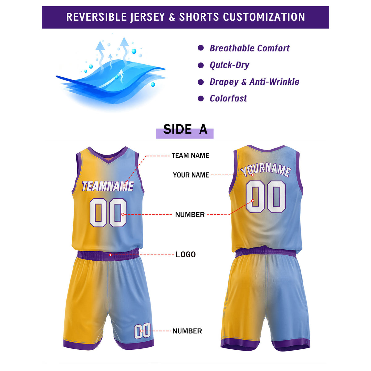 Custom Reversible Yellow Blue Pink Basketball Uniform Set | Team & Player Name - Vosoli