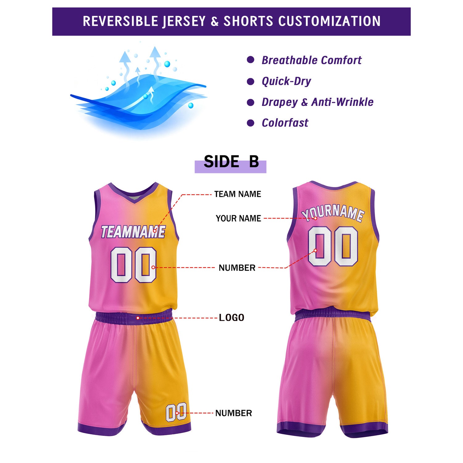 Custom Reversible Yellow Blue Pink Basketball Uniform Set | Team & Player Name - Vosoli