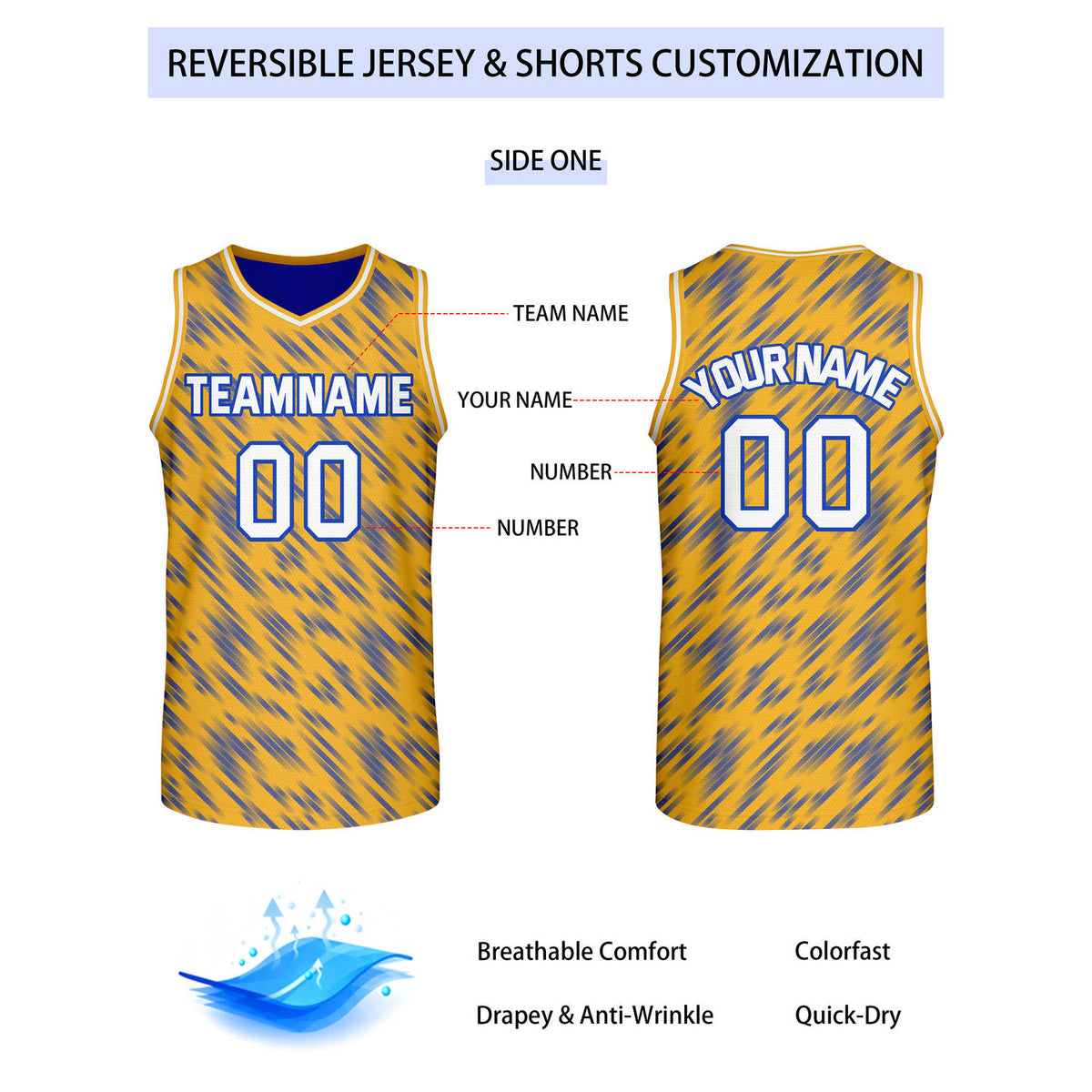 Custom Reversible Yellow Blue Stripe Basketball Jersey | Team & Player Name - Vosoli