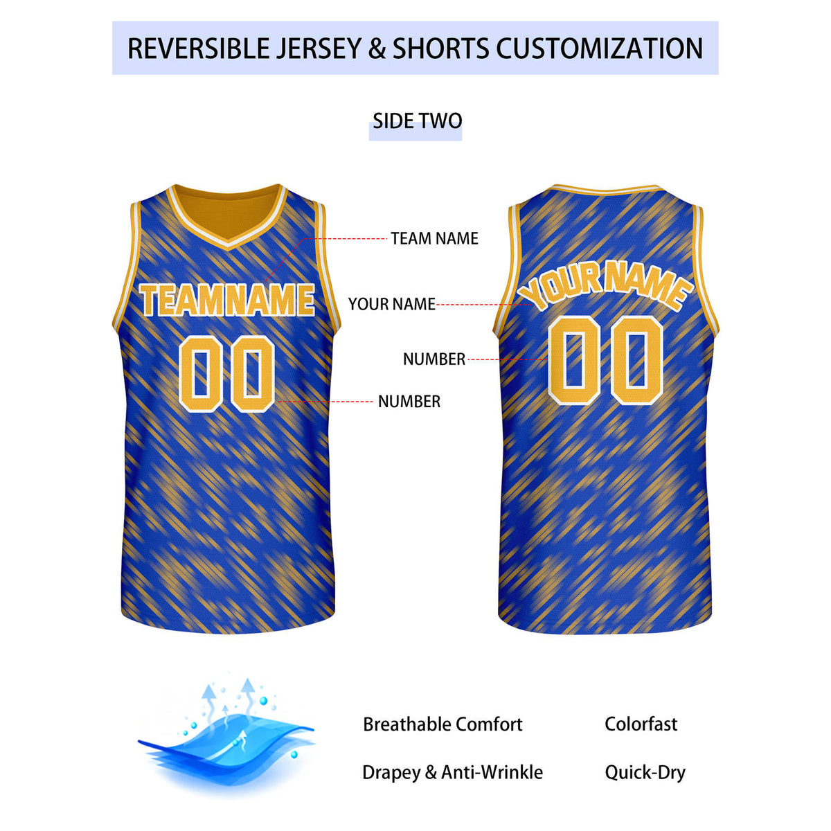 Custom Reversible Yellow Blue Stripe Basketball Jersey | Team & Player Name - Vosoli