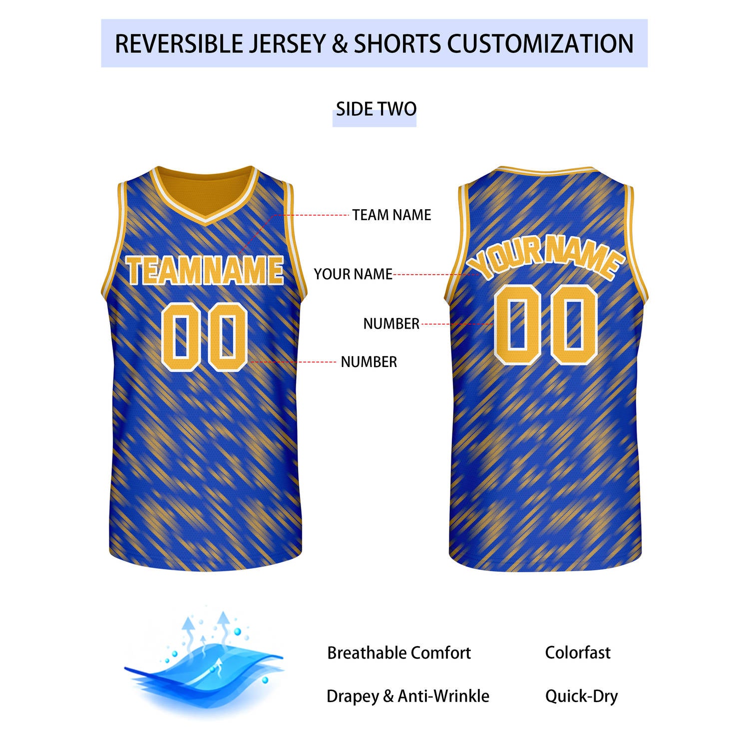 Custom Reversible Yellow Blue Stripe Basketball Jersey | Team & Player Name - Vosoli